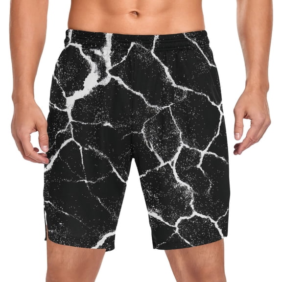 Iauyy Men's Athletic Shorts -Moisture Wicking Workout & Basketball Shorts with Liner, Lightweight Mesh Gym Sweat Shorts, Cracked Marble Pattern (S)