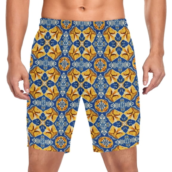 Iauyy Men's Athletic Shorts -Moisture Wicking Workout & Basketball Shorts with Liner, Lightweight Mesh Gym Sweat Shorts, Orange Repeating Pattern (S)