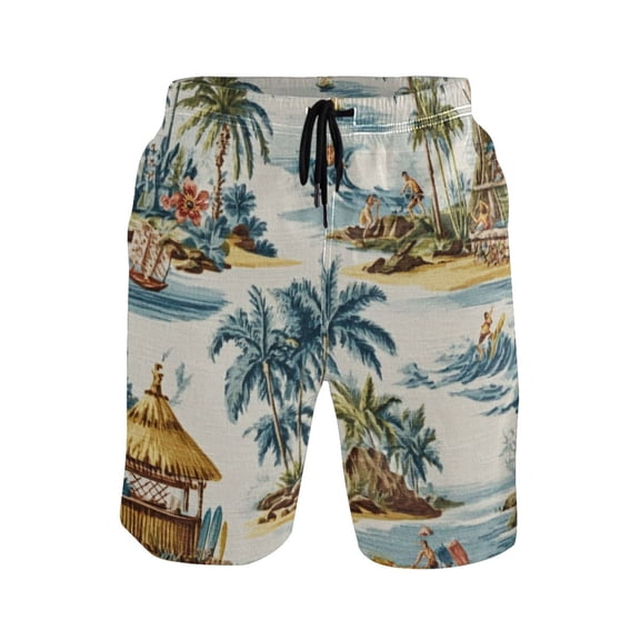 Iauyy Men's Quick-Dry Swim Trunks with Pockets - Casual Fashion Print Beach Board Shorts for Surfing & Pool,Hawaii As The Theme S