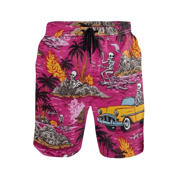 Iauyy Men's Quick-Dry Swim Trunks with Pockets - Casual Fashion Print Beach Board Shorts for Surfing & Pool,Island Scenery S