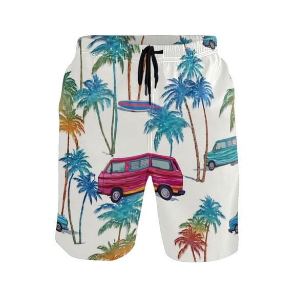 Iauyy Men's Quick-Dry Swim Trunks with Pockets - Casual Fashion Print Beach Board Shorts for Surfing & Pool,Mini Bus S