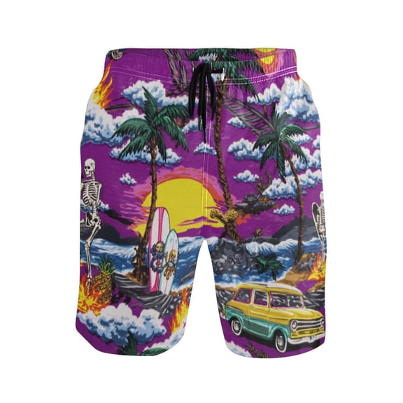 Iauyy Men's Quick-Dry Swim Trunks with Pockets - Casual Fashion Print Beach Board Shorts for Surfing & Pool,Palm Trees and Pineapples S