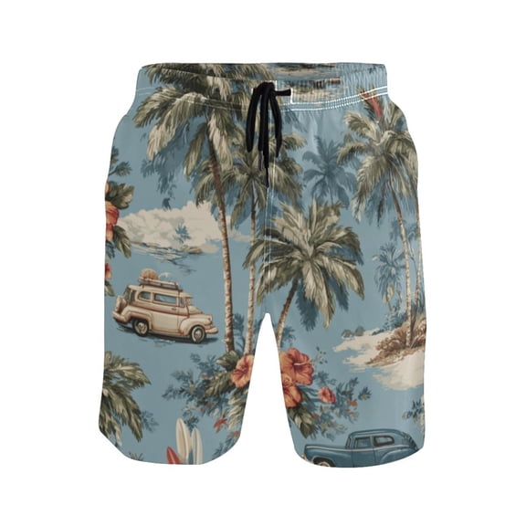 Iauyy Men's Quick-Dry Swim Trunks with Pockets - Casual Fashion Print Beach Board Shorts for Surfing & Pool,Retro Surfing S