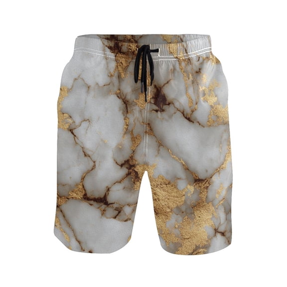 Iauyy Men's Quick-Dry Swim Trunks with Pockets - Casual Fashion Print Beach Board Shorts for Surfing & Pool,White and Brown S
