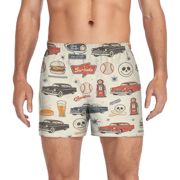 Iauyy Mens Boxer Shorts Cotton Loose Boxers for Men Underwear with Button, Vintage Ride Printed S-XXL