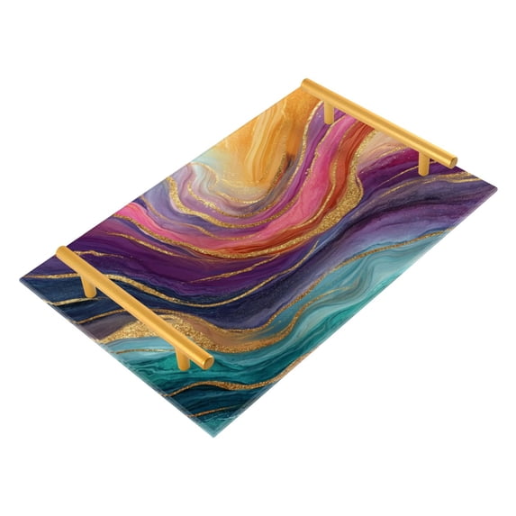 Iauyy Modern Square Bathroom Tray with Handles - Acrylic & Aluminum Alloy Vanity Countertop Organizer ,Marble-like Pattern