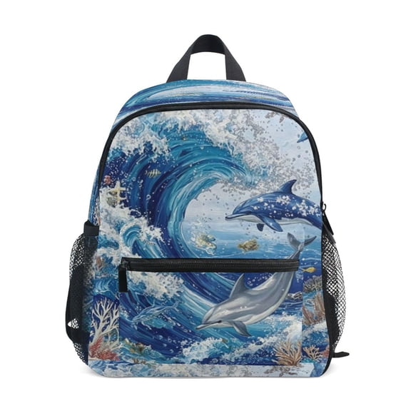 Iauyy Ocean Dolphin Design Backpack for Girls/Boys with Name Tag—Front-closure buttons for ages 3–8year