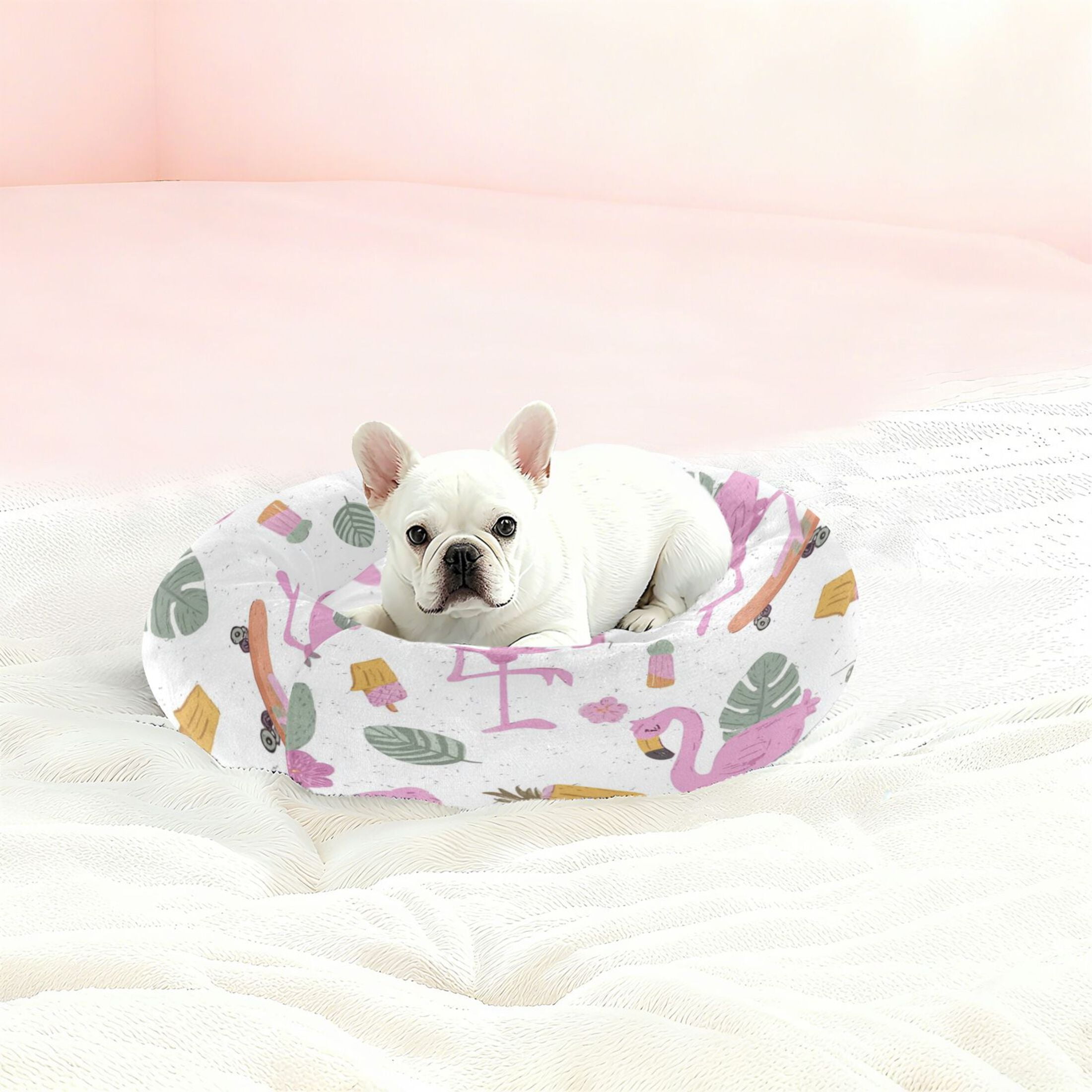 Iauyy Pet Couch Donut Cat Bed for Indoor Cats/Small Dogs Washable & Machine with Non-slip Bottom Calming Cat Furniture, Around Tropical Leaves and Flowers (S)