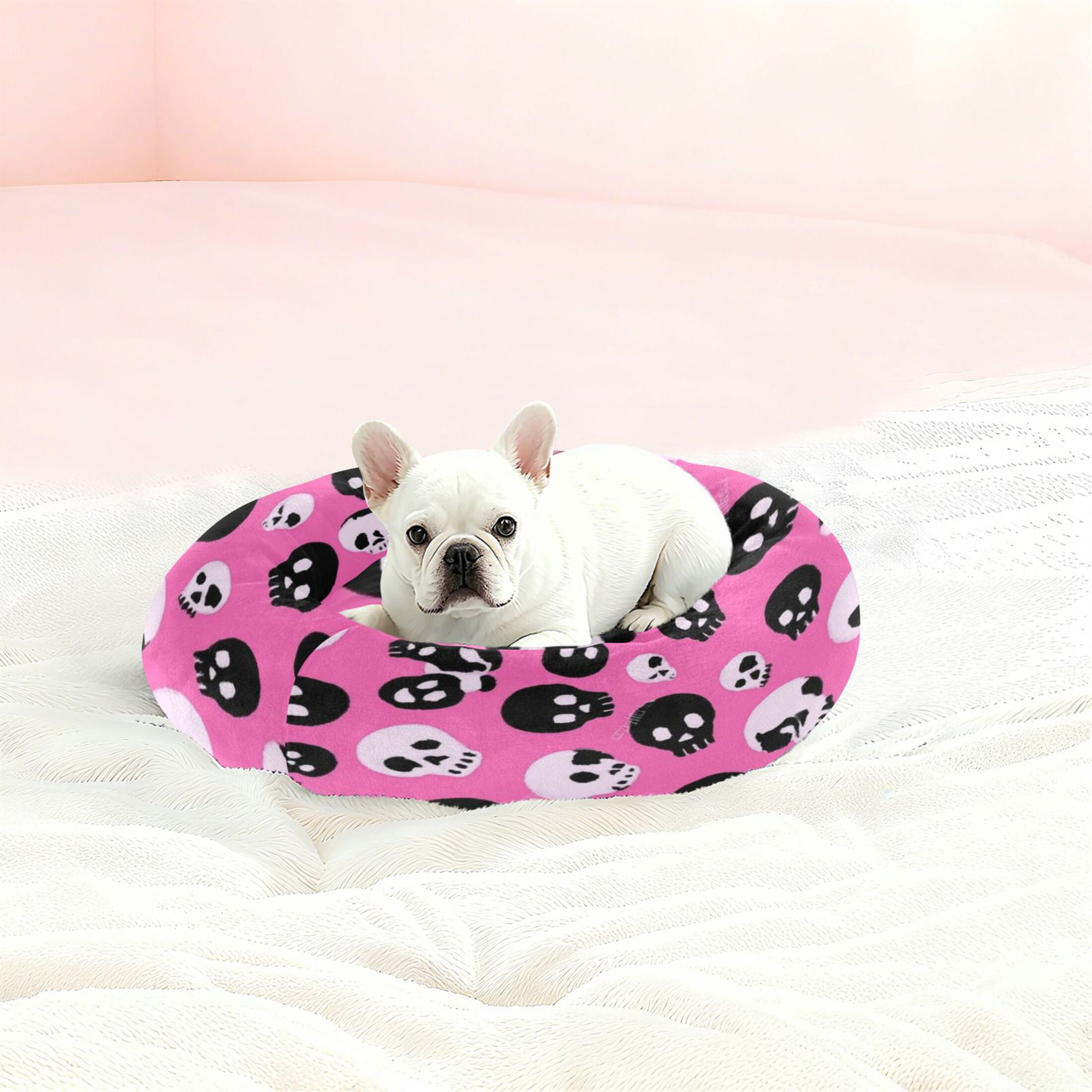 Iauyy Pet Couch Donut Cat Bed for Indoor Cats/Small Dogs Washable & Machine with Non-slip Bottom Calming Cat Furniture, Black Cartoon Skull Pattern (S)