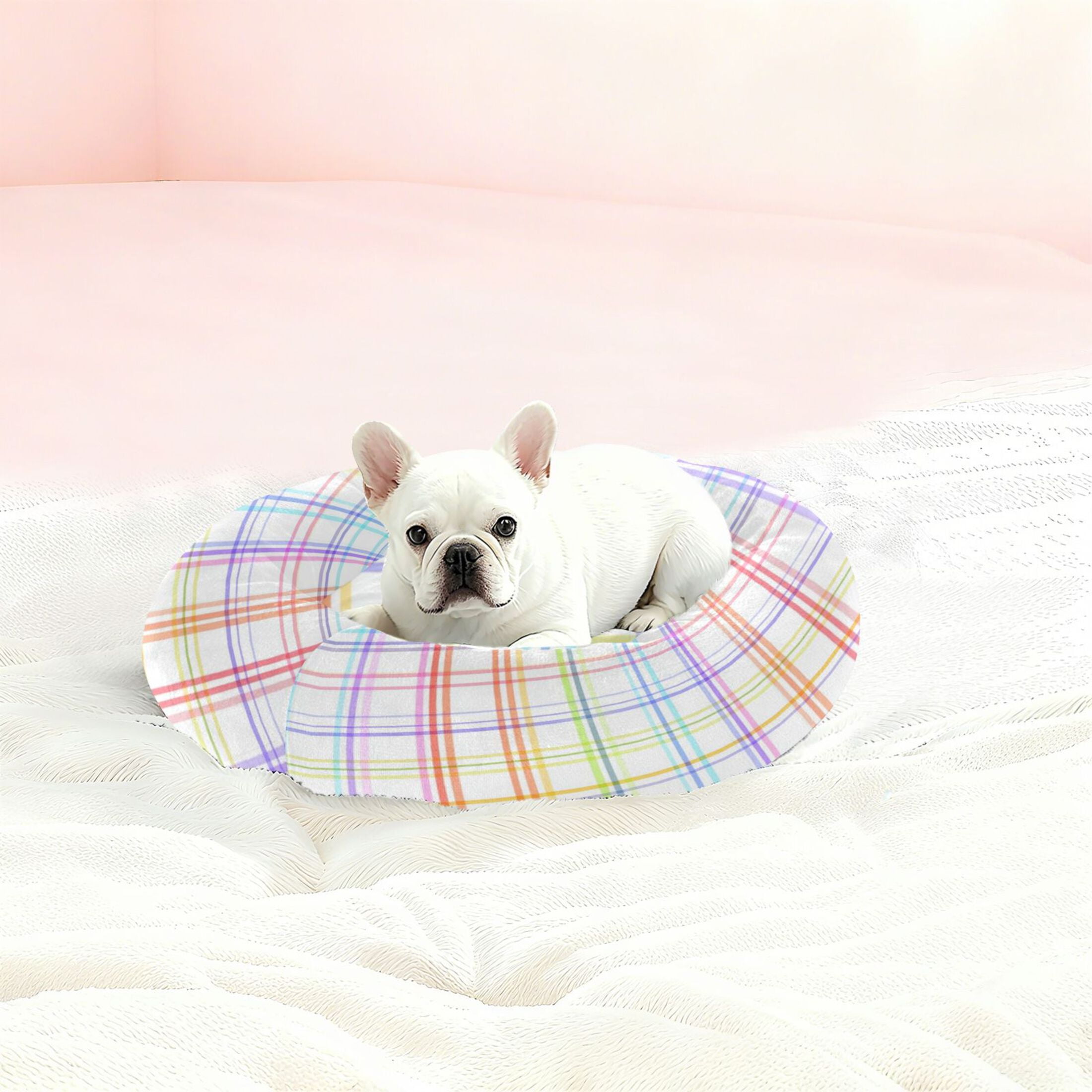 Iauyy Pet Couch Donut Cat Bed for Indoor Cats/Small Dogs Washable & Machine with Non-slip Bottom Calming Cat Furniture, Colorful Checkered Pattern (M)