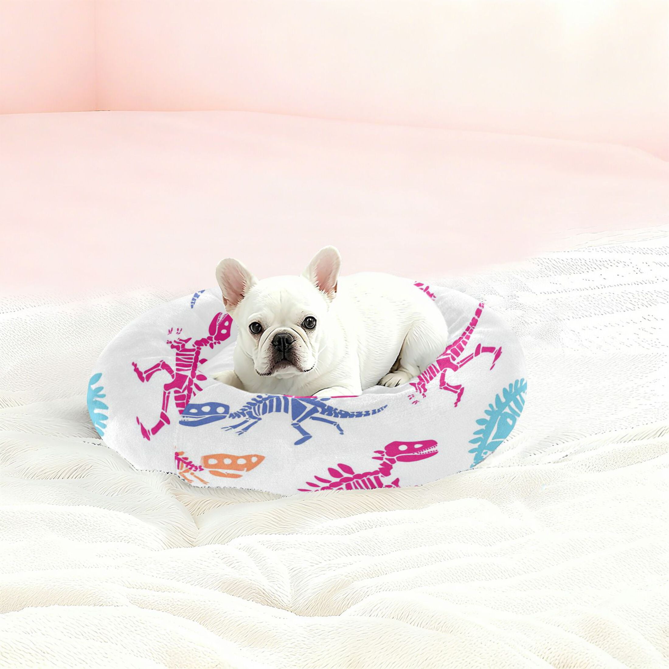 Iauyy Pet Couch Donut Cat Bed for Indoor Cats/Small Dogs Washable & Machine with Non-slip Bottom Calming Cat Furniture, Colorful Dinosaur Skeleton (XS)