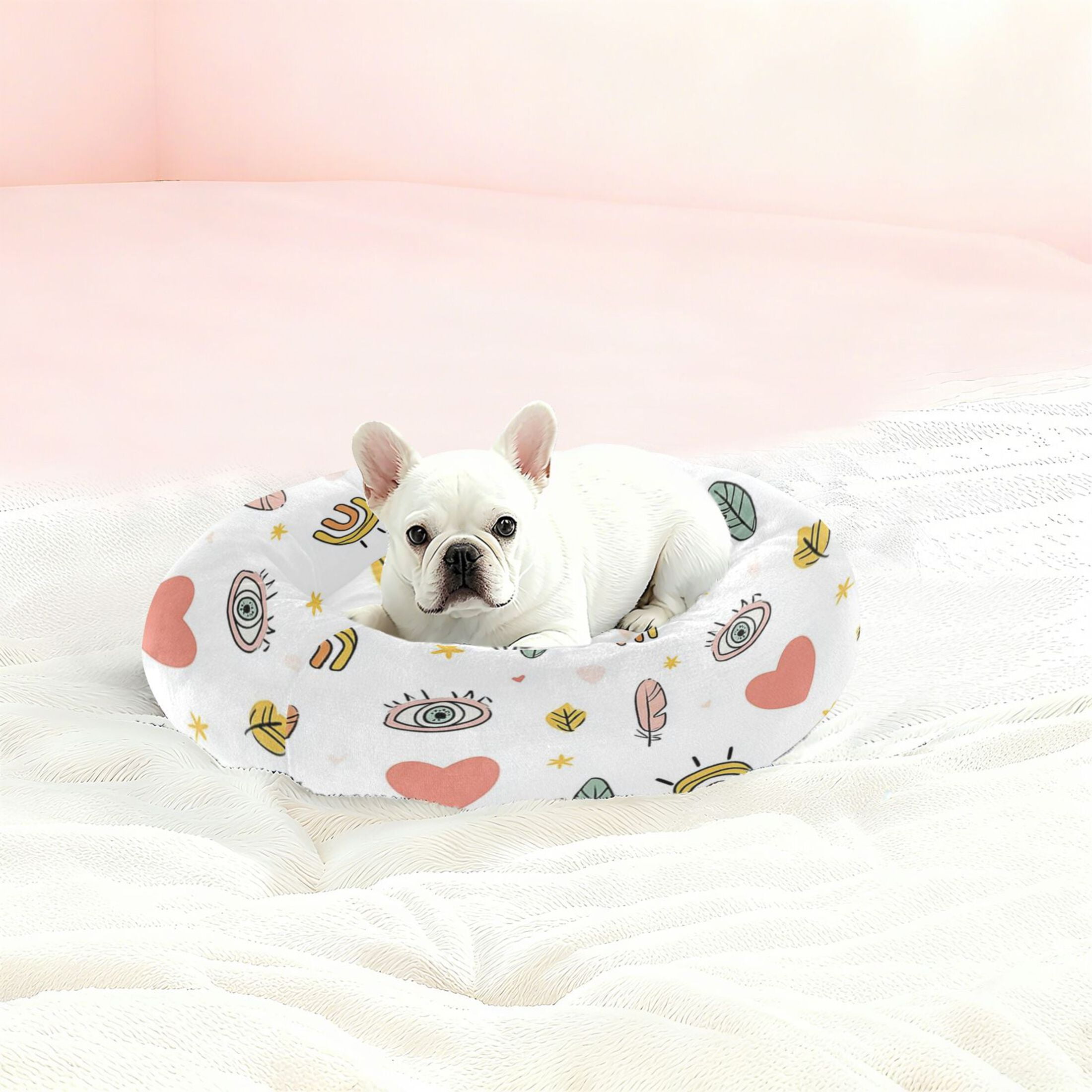 Iauyy Pet Couch Donut Cat Bed for Indoor Cats/Small Dogs Washable & Machine with Non-slip Bottom Calming Cat Furniture, Heart-shaped and Eye Patterns (M)