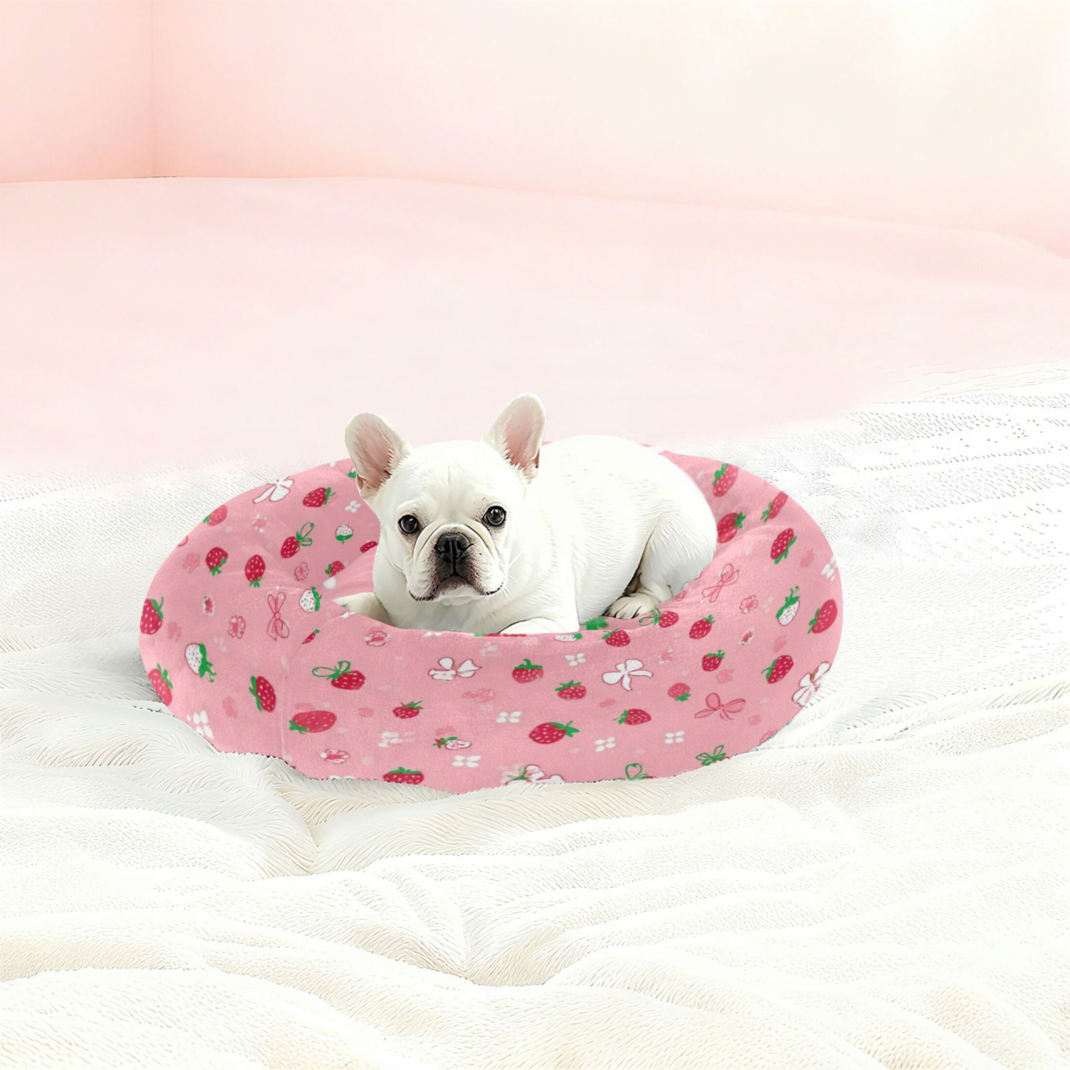 Iauyy Pet Couch Donut Cat Bed for Indoor Cats/Small Dogs Washable & Machine with Non-slip Bottom Calming Cat Furniture, Strawberries and Butterflies (S)