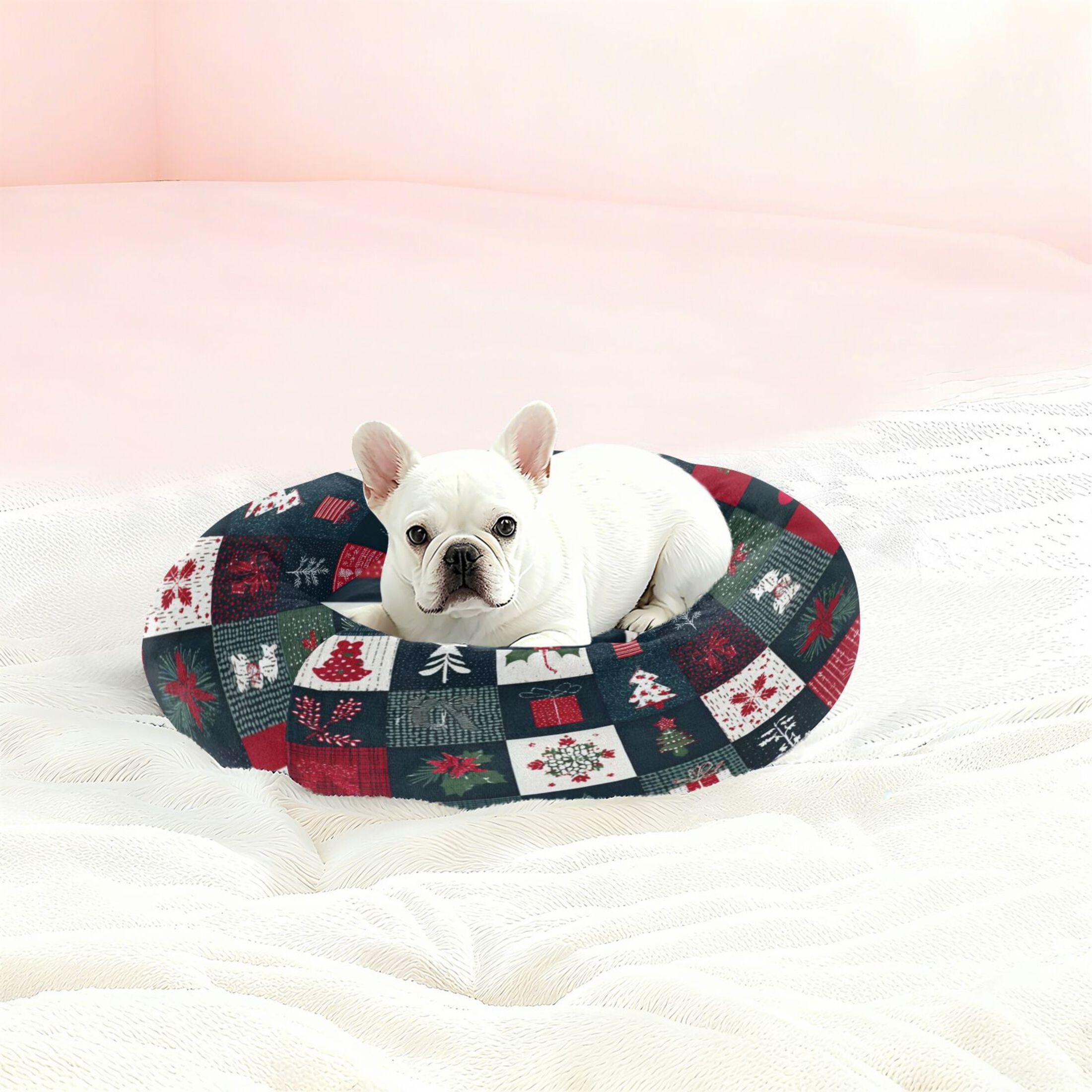 Iauyy Pet Couch Donut Cat Bed for Indoor Cats/Small Dogs Washable & Machine with Non-slip Bottom Calming Cat Furniture, Three-color Christmas Symbol (M)
