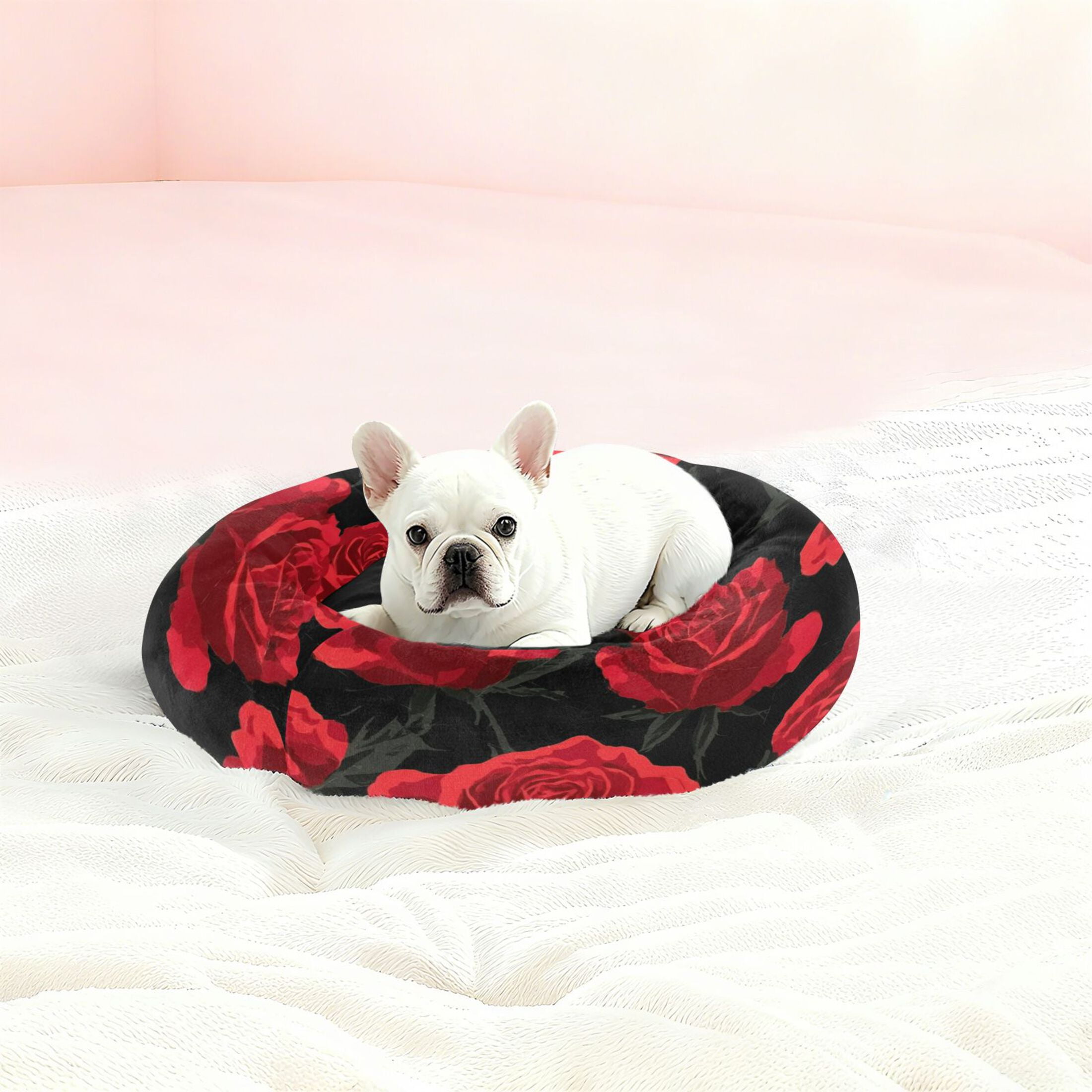 Iauyy Pet Couch Donut Cat Bed for Indoor Cats/Small Dogs Washable & Machine with Non-slip Bottom Calming Cat Furniture, Black and Red Roses (M)