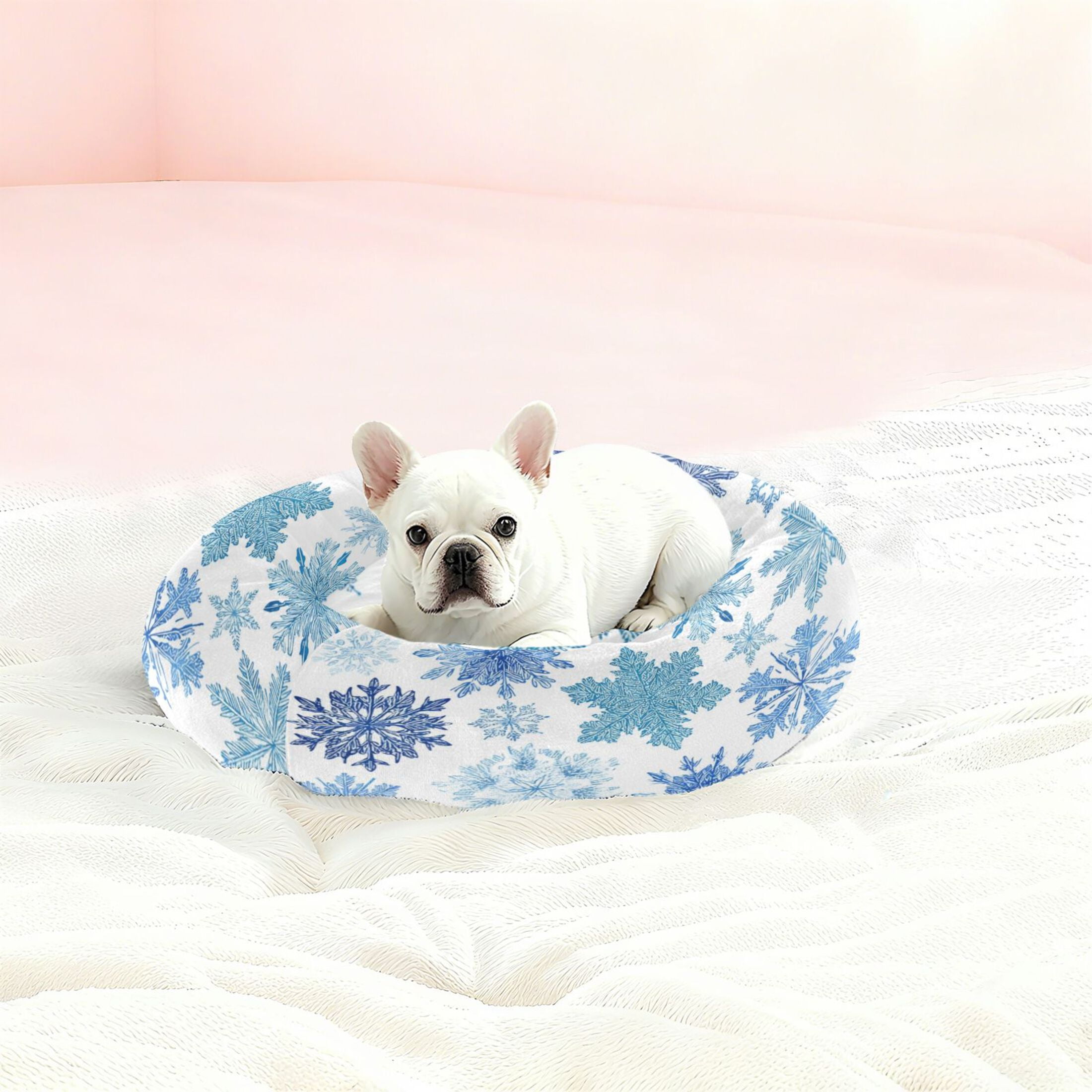 Iauyy Pet Couch Donut Cat Bed for Indoor Cats/Small Dogs Washable & Machine with Non-slip Bottom Calming Cat Furniture, Blue Snowflake (S)