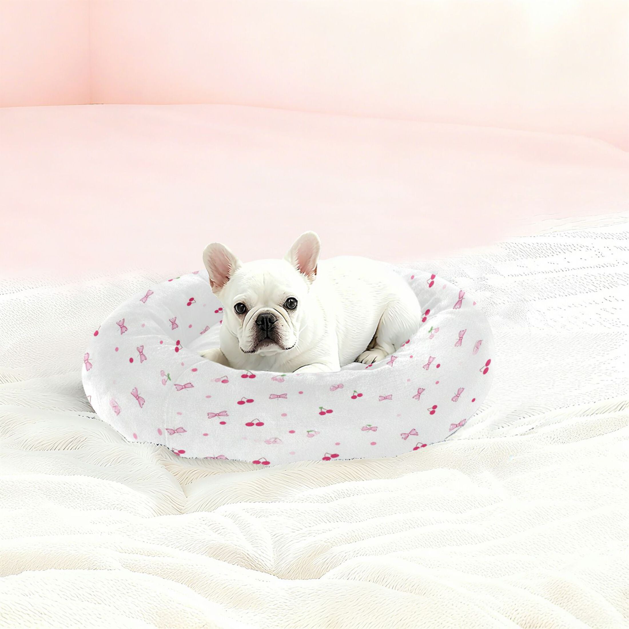 Iauyy Pet Couch Donut Cat Bed for Indoor Cats/Small Dogs Washable & Machine with Non-slip Bottom Calming Cat Furniture, Bows and Cherry Blossoms (M)
