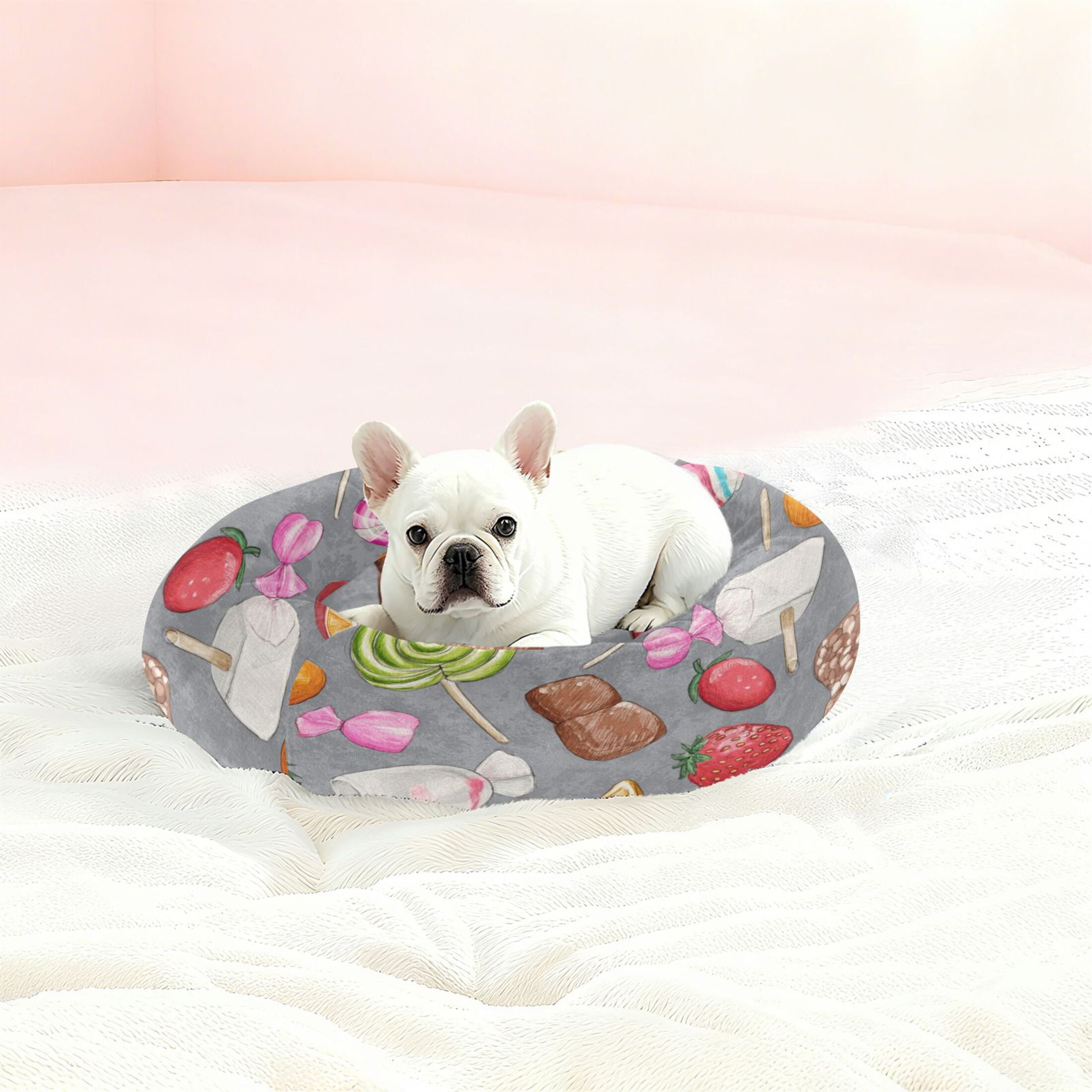 Iauyy Pet Couch Donut Cat Bed for Indoor Cats/Small Dogs Washable & Machine with Non-slip Bottom Calming Cat Furniture, Candies and Fruit Candies (M)