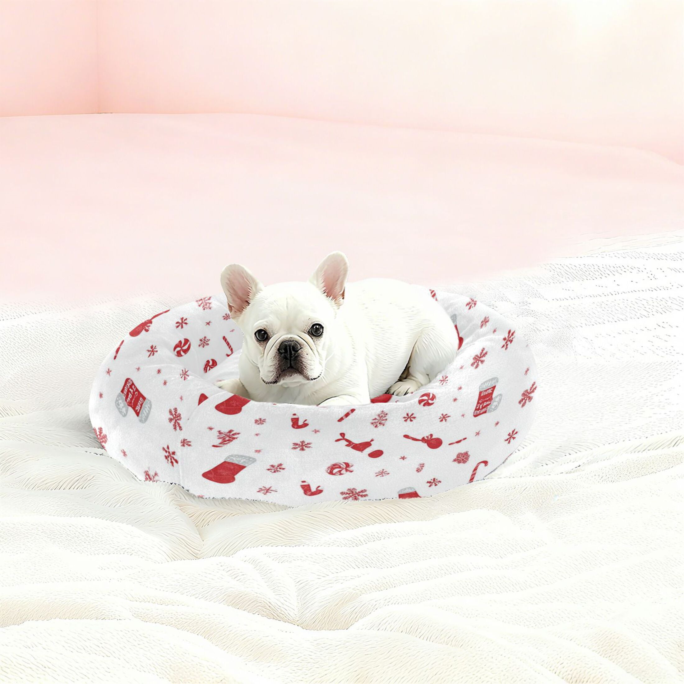 Iauyy Pet Couch Donut Cat Bed for Indoor Cats/Small Dogs Washable & Machine with Non-slip Bottom Calming Cat Furniture, Cane Sugar and Snowflakes (M)