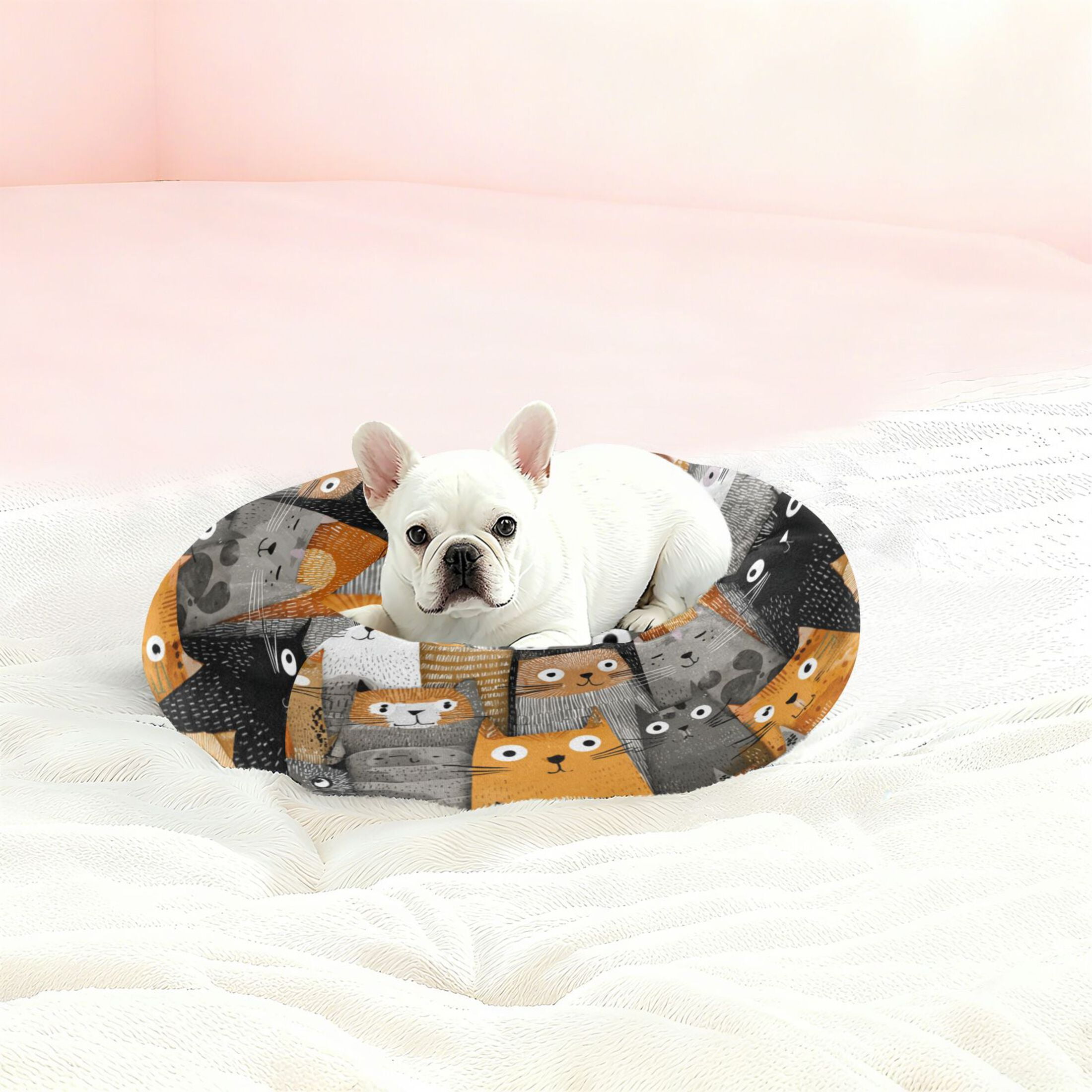 Iauyy Pet Couch Donut Cat Bed for Indoor Cats/Small Dogs Washable & Machine with Non-slip Bottom Calming Cat Furniture, Cartoon Illustration (XS)