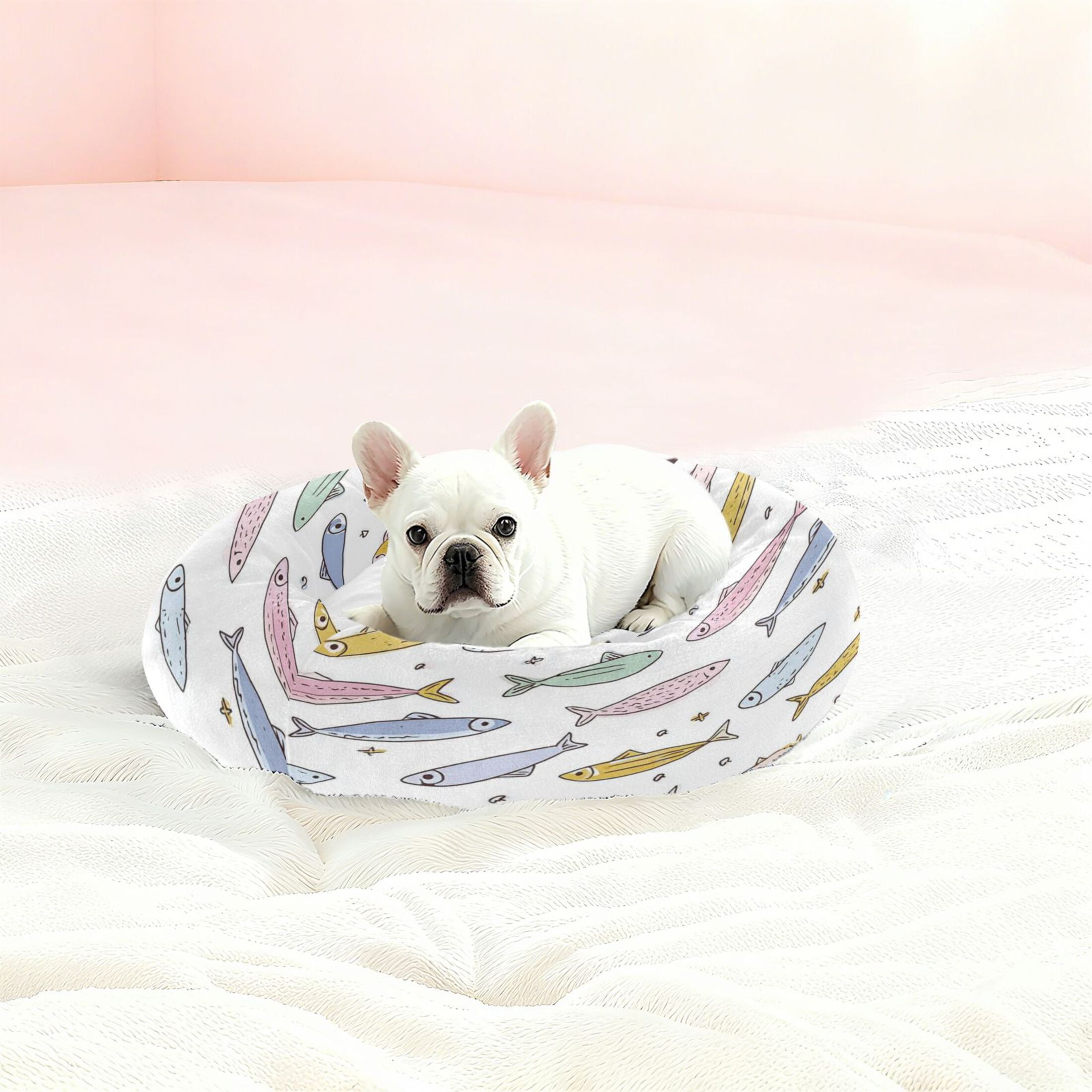 Iauyy Pet Couch Donut Cat Bed for Indoor Cats/Small Dogs Washable & Machine with Non-slip Bottom Calming Cat Furniture, Cartoon Sardines (M)