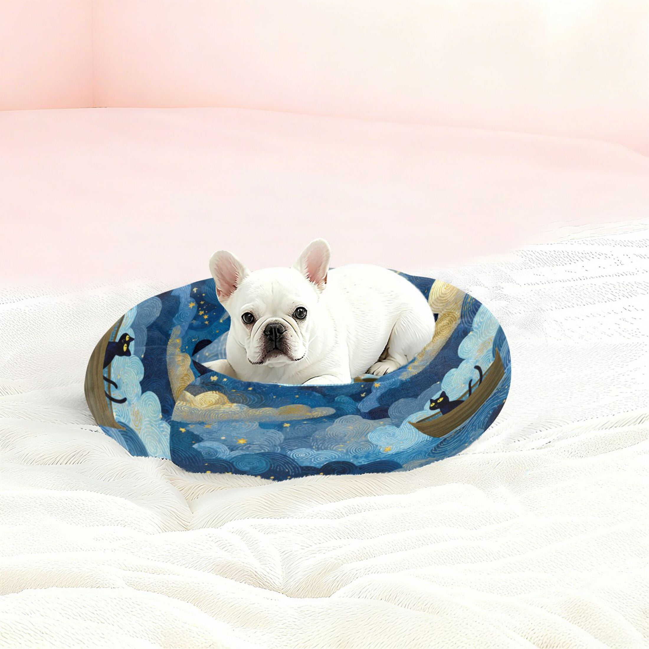 Iauyy Pet Couch Donut Cat Bed for Indoor Cats/Small Dogs Washable & Machine with Non-slip Bottom Calming Cat Furniture, Cat Is Rowing Boat (M)