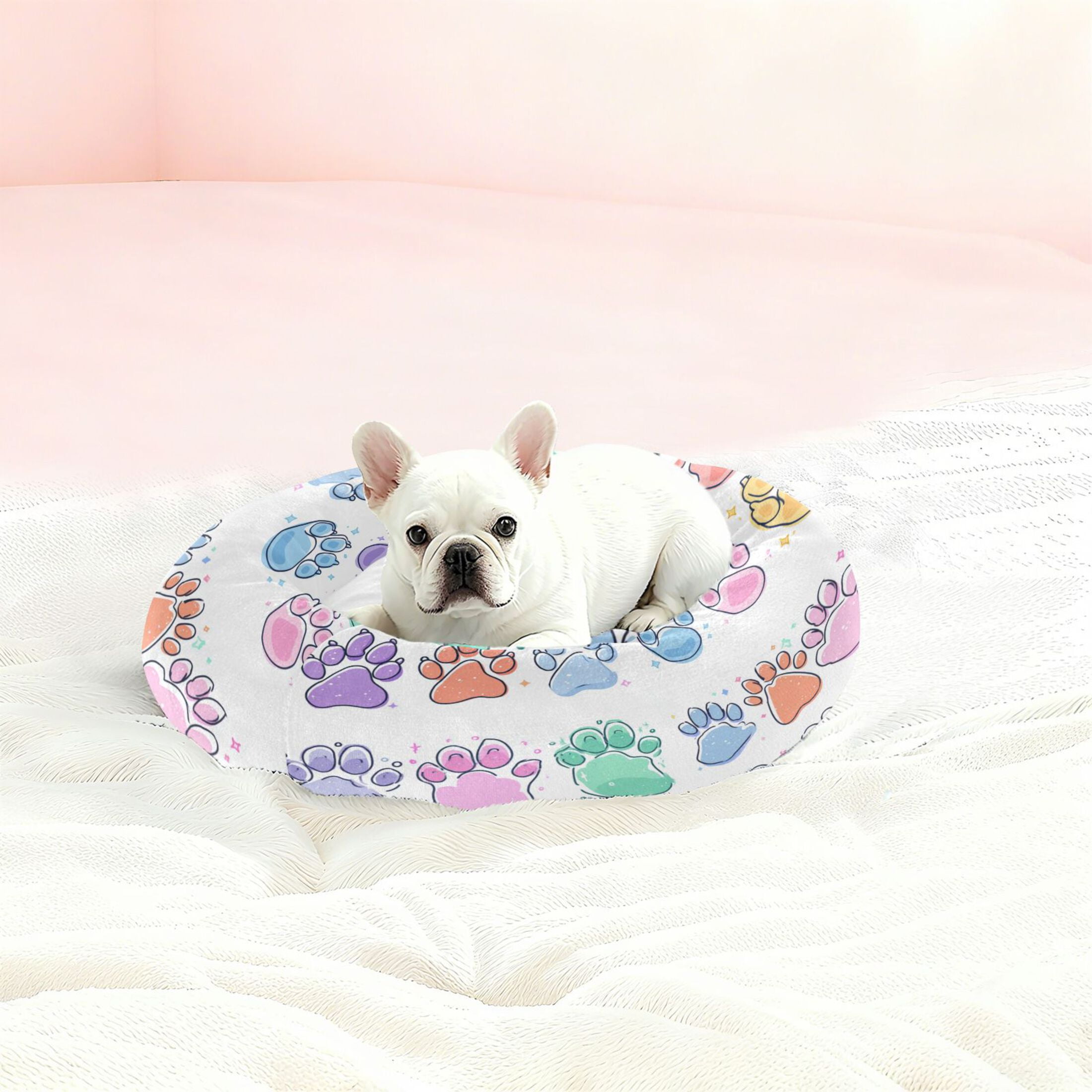 Iauyy Pet Couch Donut Cat Bed for Indoor Cats/Small Dogs Washable & Machine with Non-slip Bottom Calming Cat Furniture, Colorful Cat Paws (S)