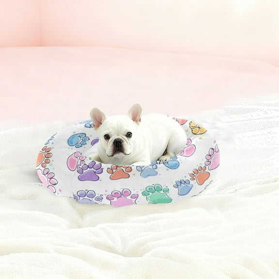 Iauyy Pet Couch Donut Cat Bed for Indoor Cats/Small Dogs Washable & Machine with Non-slip Bottom Calming Cat Furniture, Colorful Cat Paws (XS)