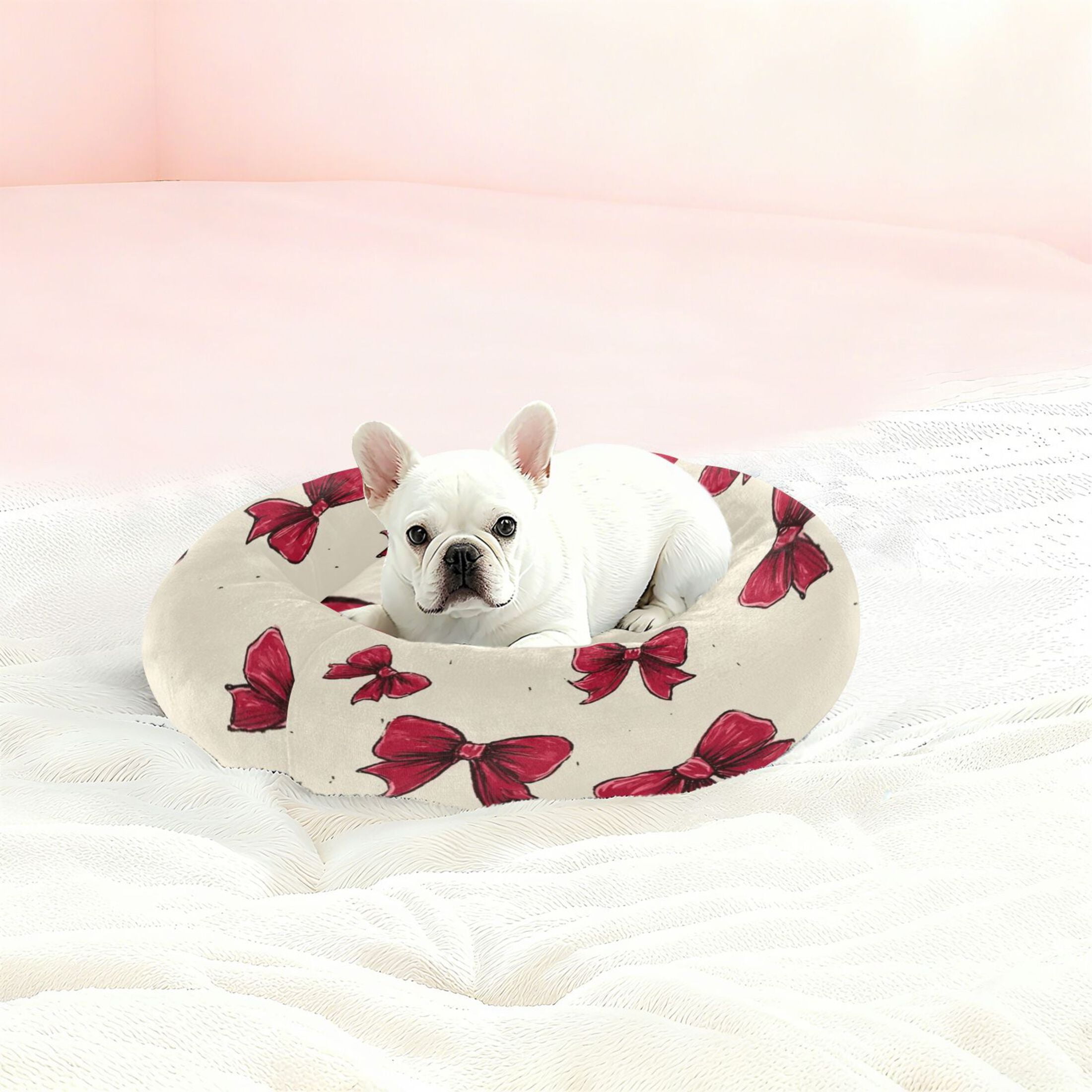 Iauyy Pet Couch Donut Cat Bed for Indoor Cats/Small Dogs Washable & Machine with Non-slip Bottom Calming Cat Furniture, Cream-colored Bow Tie (XS)