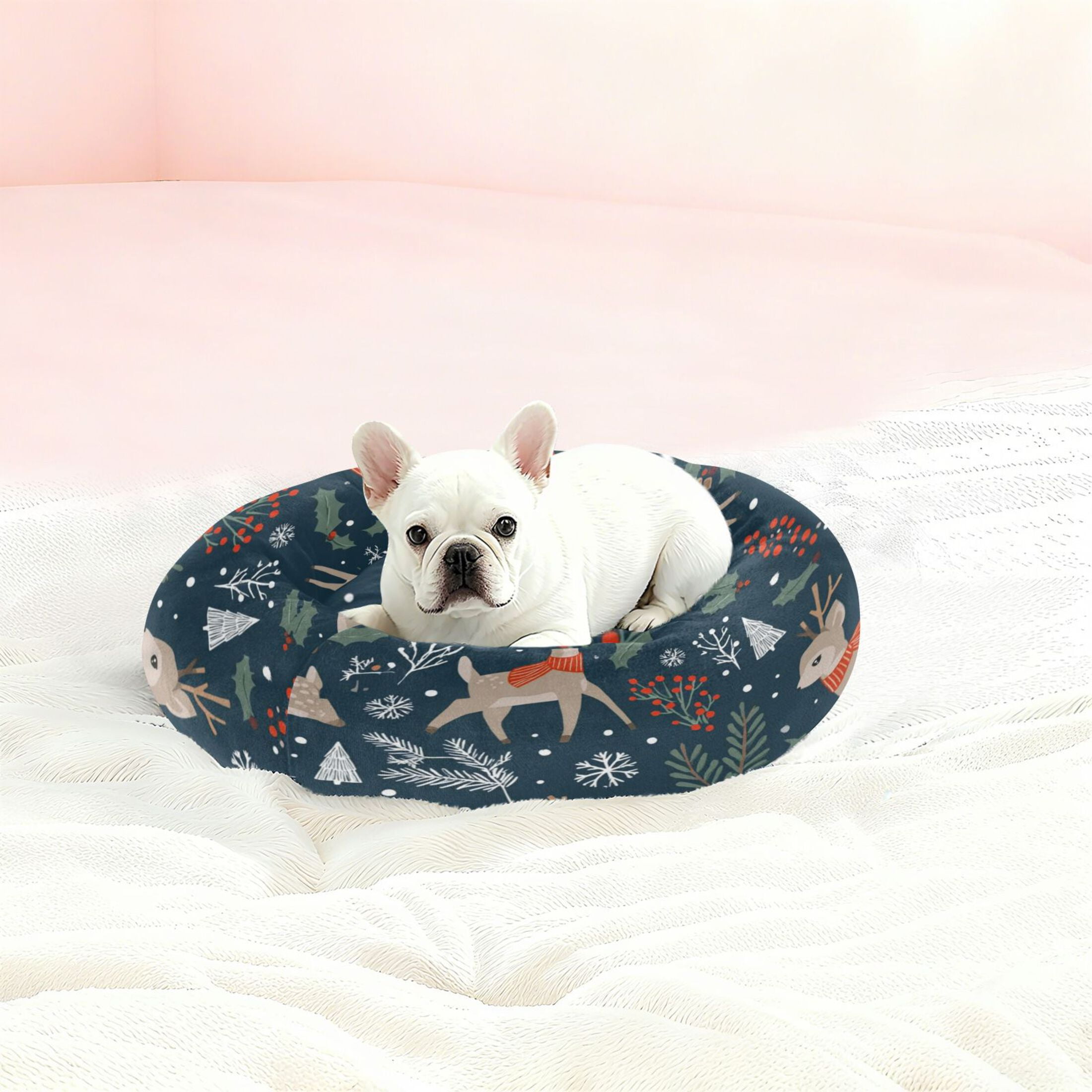 Iauyy Pet Couch Donut Cat Bed for Indoor Cats/Small Dogs Washable & Machine with Non-slip Bottom Calming Cat Furniture, Deer and Winter Forest (S)