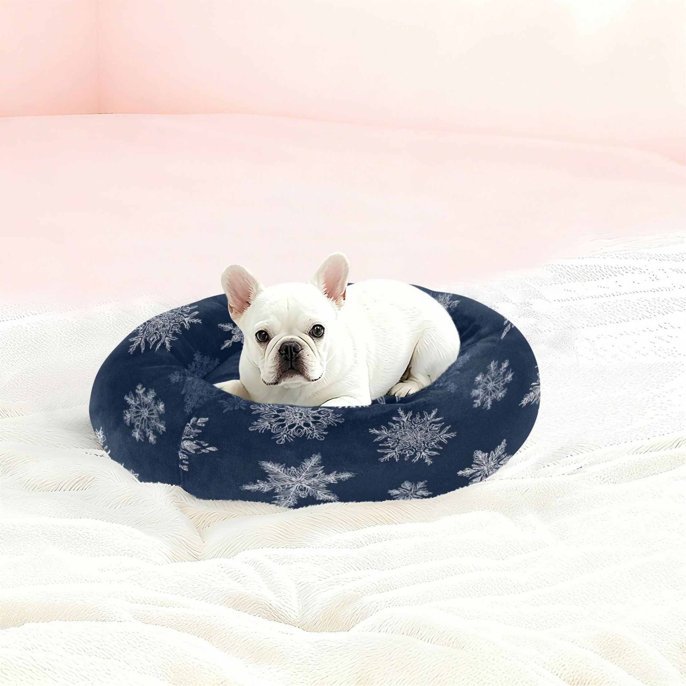 Iauyy Pet Couch Donut Cat Bed for Indoor Cats/Small Dogs Washable & Machine with Non-slip Bottom Calming Cat Furniture, Delicate White Snowflakes (M)