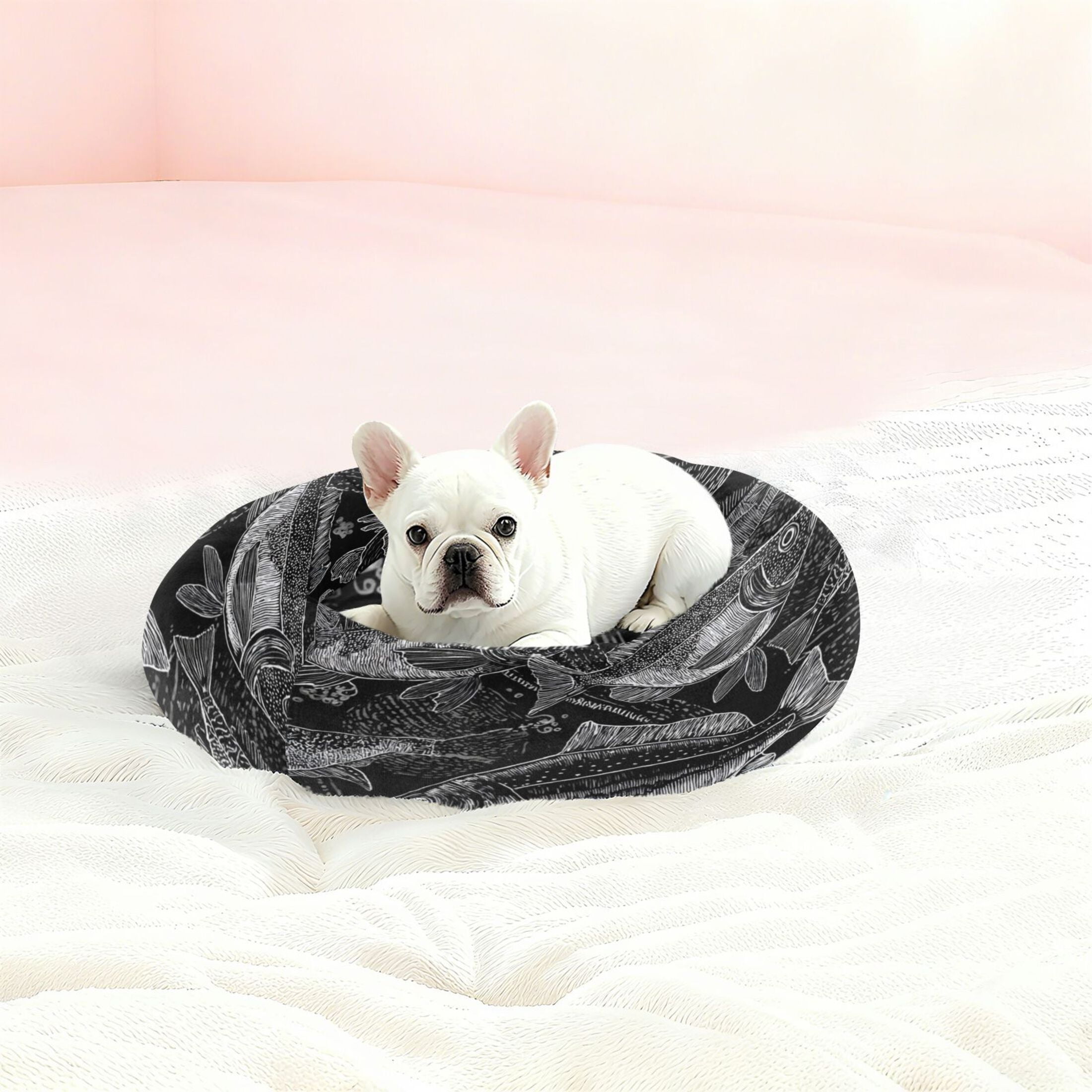 Iauyy Pet Couch Donut Cat Bed for Indoor Cats/Small Dogs Washable & Machine with Non-slip Bottom Calming Cat Furniture, Fish Pattern (M)