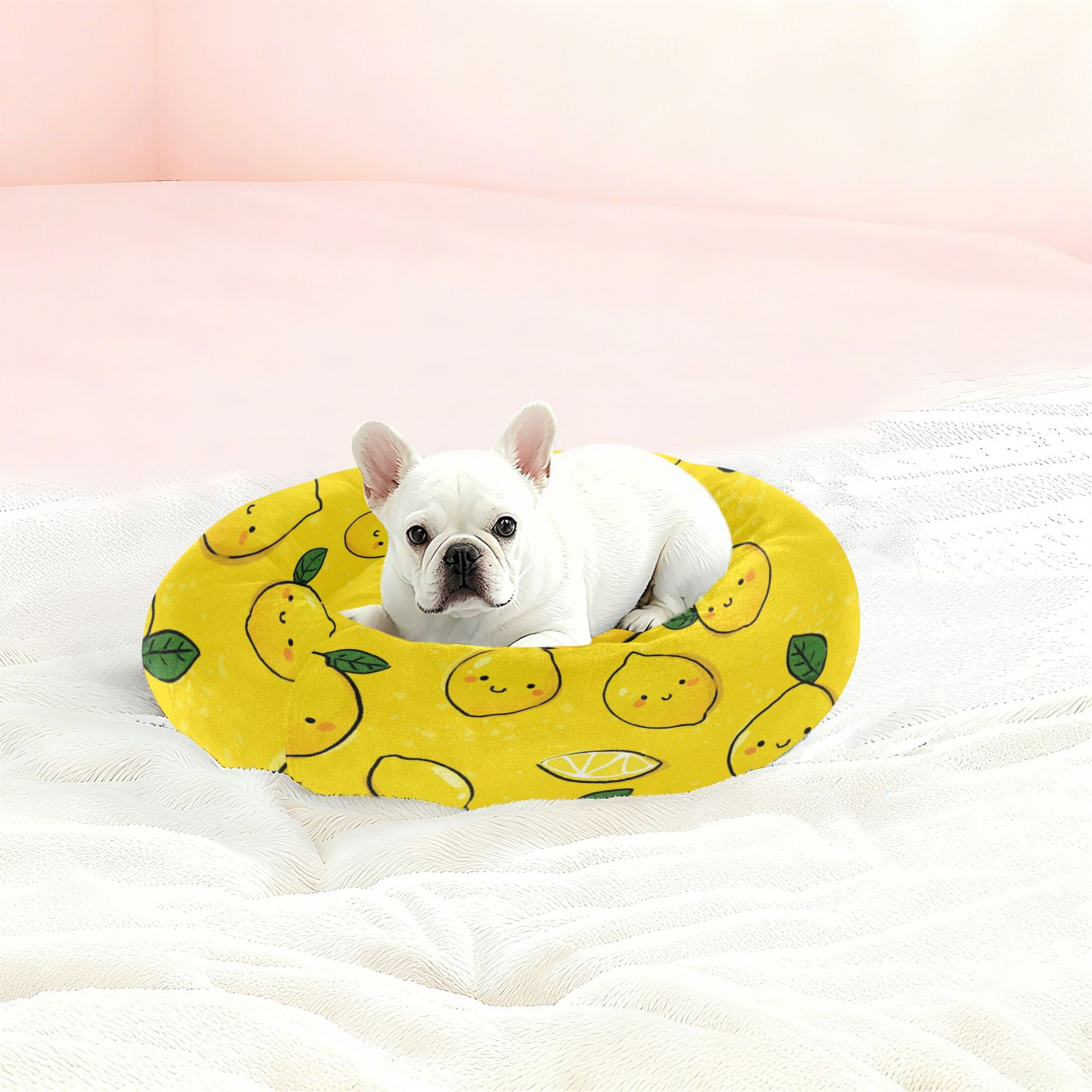 Iauyy Pet Couch Donut Cat Bed for Indoor Cats/Small Dogs Washable & Machine with Non-slip Bottom Calming Cat Furniture, Lemon Cartoon Wallpaper (M)