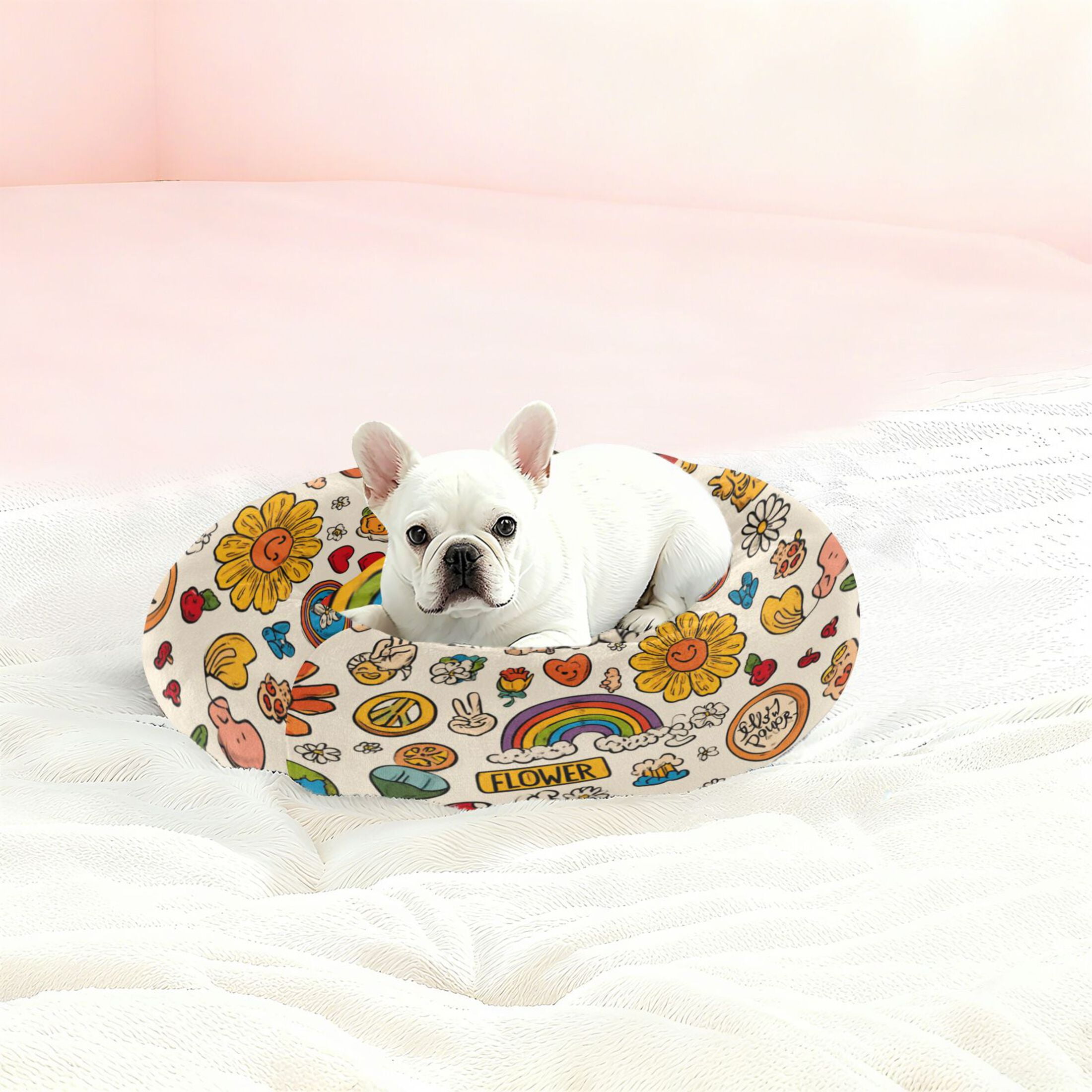Iauyy Pet Couch Donut Cat Bed for Indoor Cats/Small Dogs Washable & Machine with Non-slip Bottom Calming Cat Furniture, Retro Hippie Logo (XS)