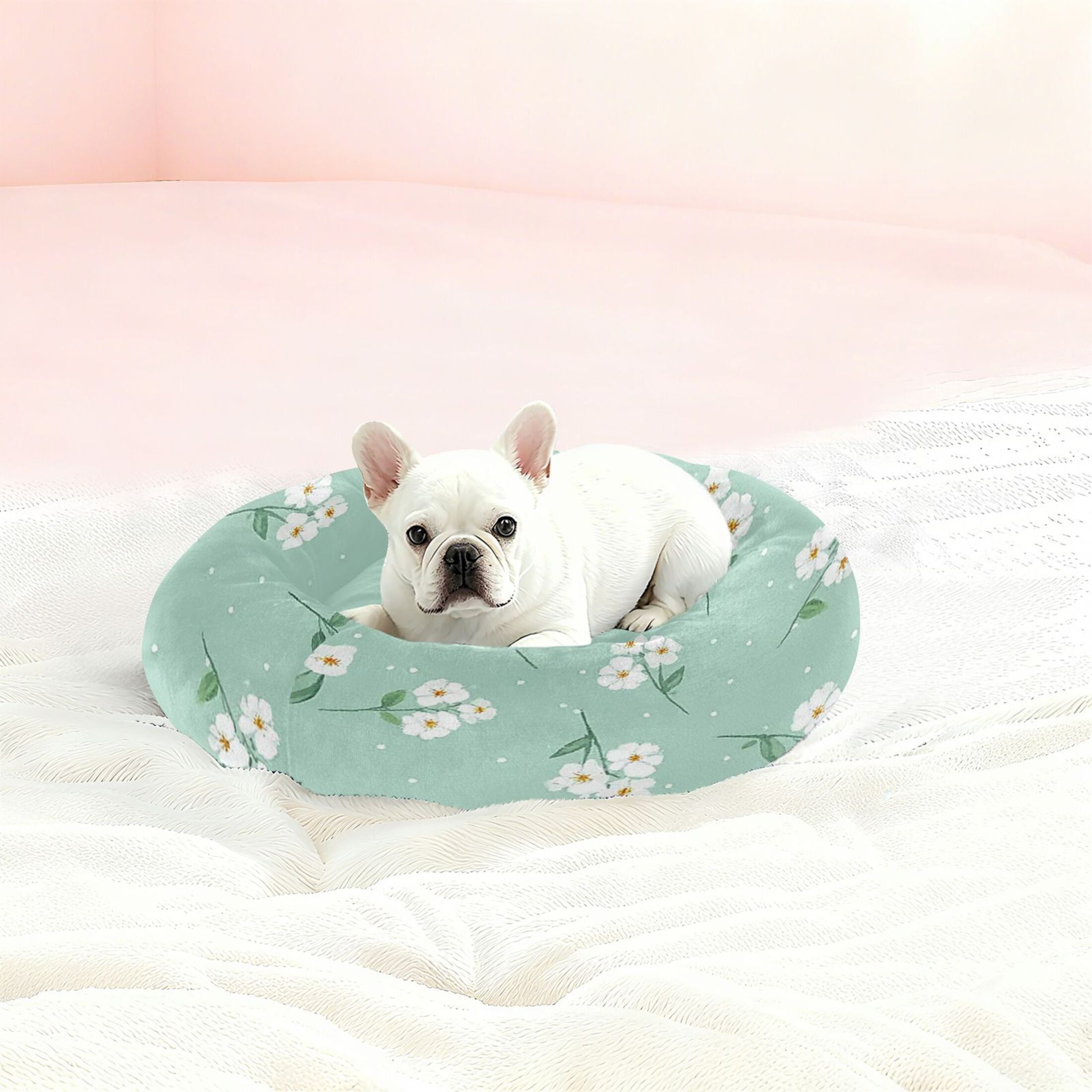Iauyy Pet Couch Donut Cat Bed for Indoor Cats/Small Dogs Washable & Machine with Non-slip Bottom Calming Cat Furniture, Small White Flowers (M)