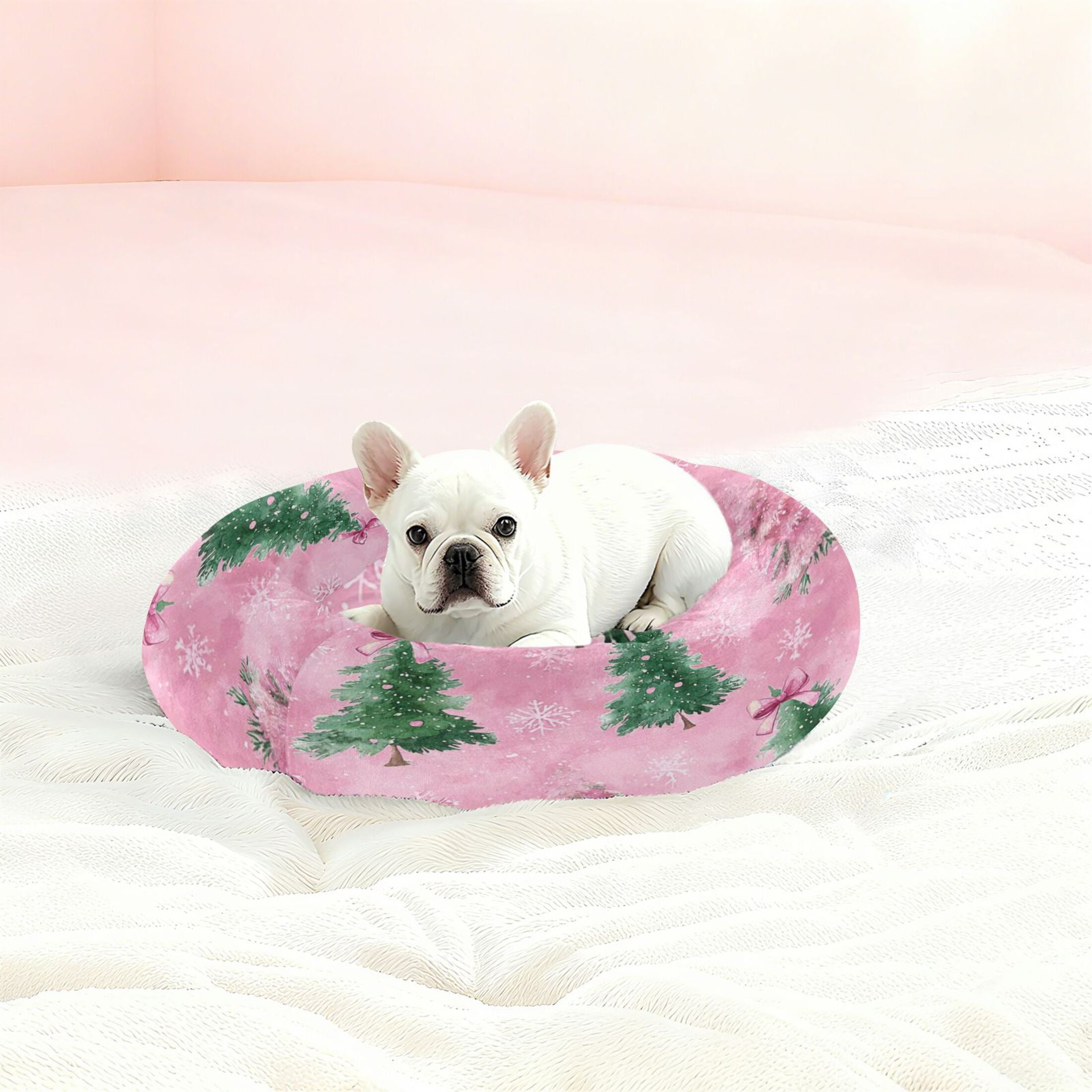Iauyy Pet Couch Donut Cat Bed for Indoor Cats/Small Dogs Washable & Machine with Non-slip Bottom Calming Cat Furniture, with Snowflakes and Bows (XS)