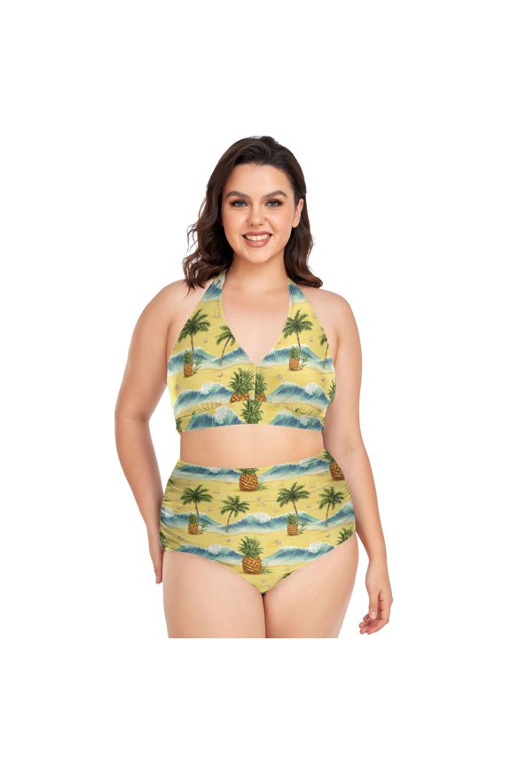 Plus Size Swimsuits for Women ,High Waisted Swimsuit with Removable Bra Pad 2 Pieces, Pineapple L
