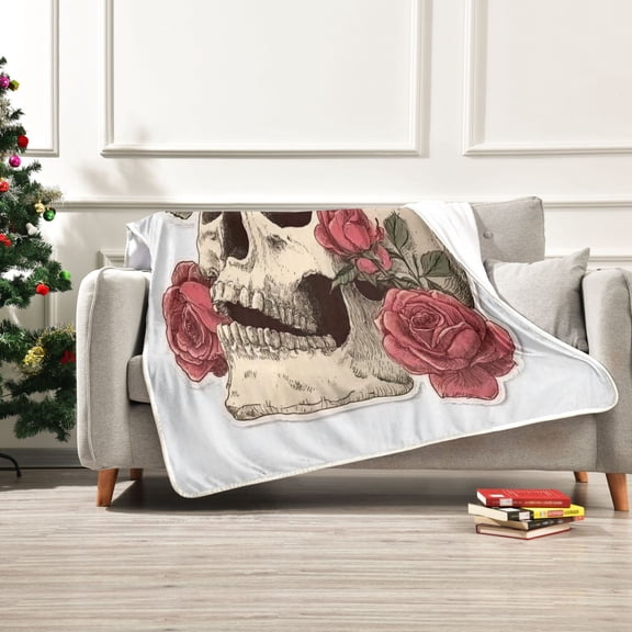 Iauyy Rose-patterned Skull Blanket ,Arctic Wool Throw Blankets All Season Bed Blanket for Couch Sofa Decoration Christmas Gifts 50x60 in