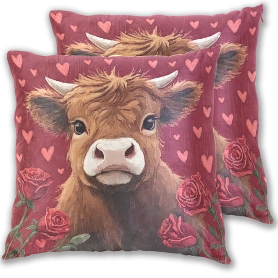 Iauyy Spring Couch Pillowcases 16x16 (Set of 2) Cotton fleece Pillow Covers for Bed Sofa Living Room, Highland Cattle