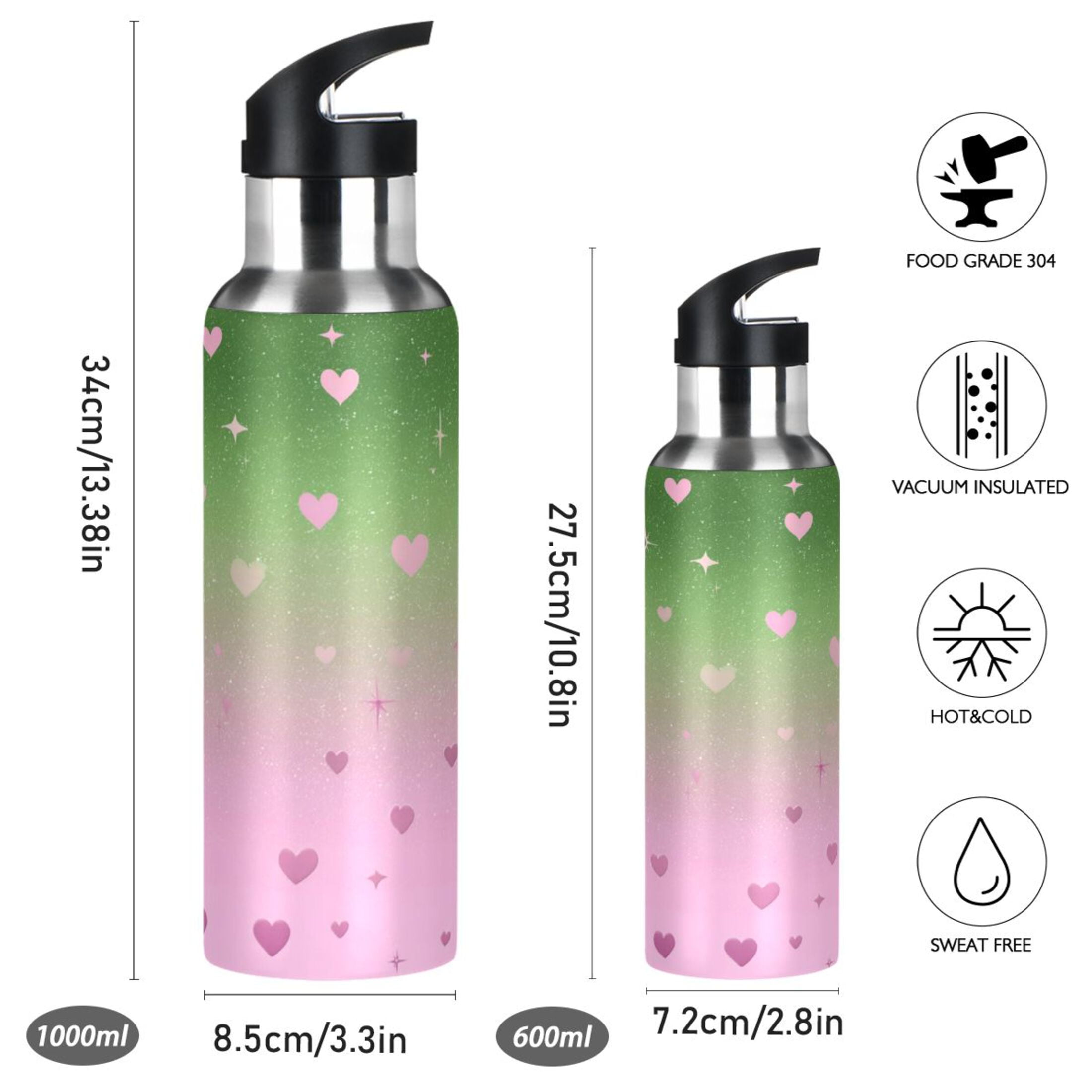 Iauyy Stainless Steel Double-Wall Vacuum Insulated Water Bottle with Straw-600ml&1000ml BPA-Free Leak-Proof for Travel Workouts Outdoor,Gradient-colored Stars