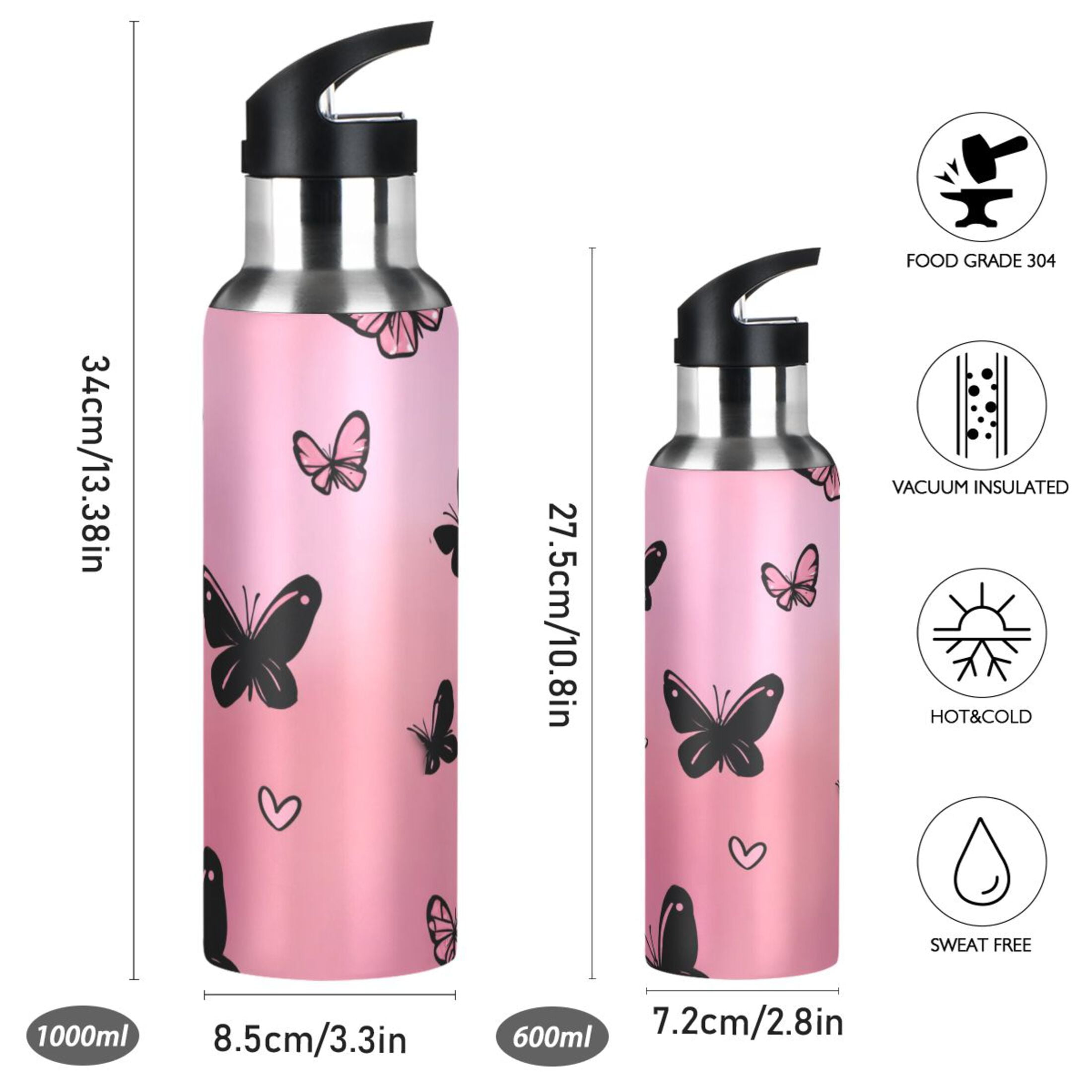 Iauyy Stainless Steel Double-Wall Vacuum Insulated Water Bottle with Straw-600ml&1000ml BPA-Free Leak-Proof for Travel Workouts Outdoor,Heart-shaped Gradient Effect