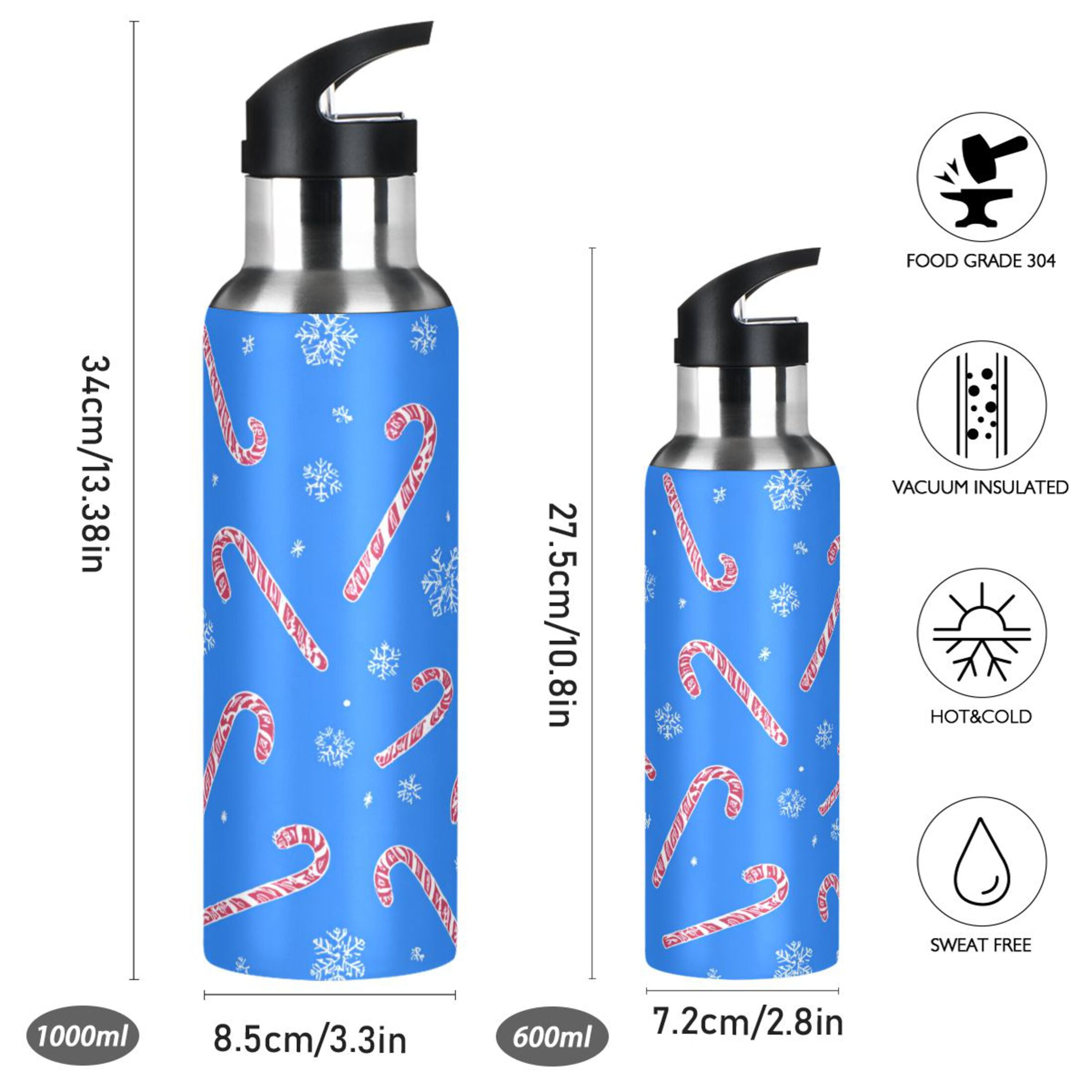 Iauyy Stainless Steel Double-Wall Vacuum Insulated Water Bottle with Straw-600ml&1000ml BPA-Free Leak-Proof for Travel Workouts Outdoor,Metal Frame Lollipop