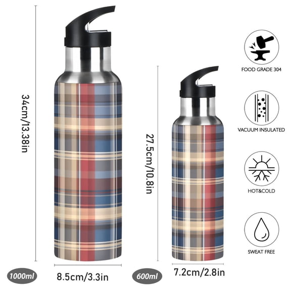 Iauyy Stainless Steel Double-Wall Vacuum Insulated Water Bottle with Straw-600ml&1000ml BPA-Free Leak-Proof for Travel Workouts Outdoor,Red Checkered Pattern