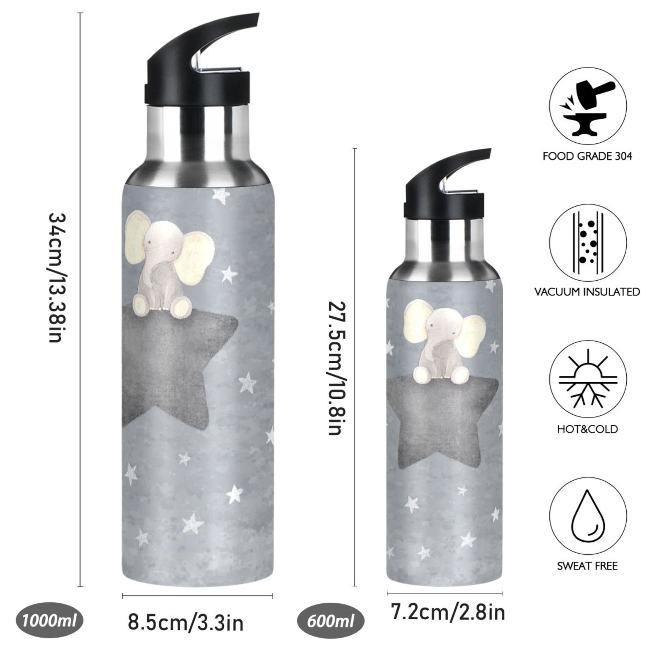 Iauyy Stainless Steel Double-Wall Vacuum Insulated Water Bottle with Straw-600ml&1000ml BPA-Free Leak-Proof for Travel Workouts Outdoor,Small and Grey