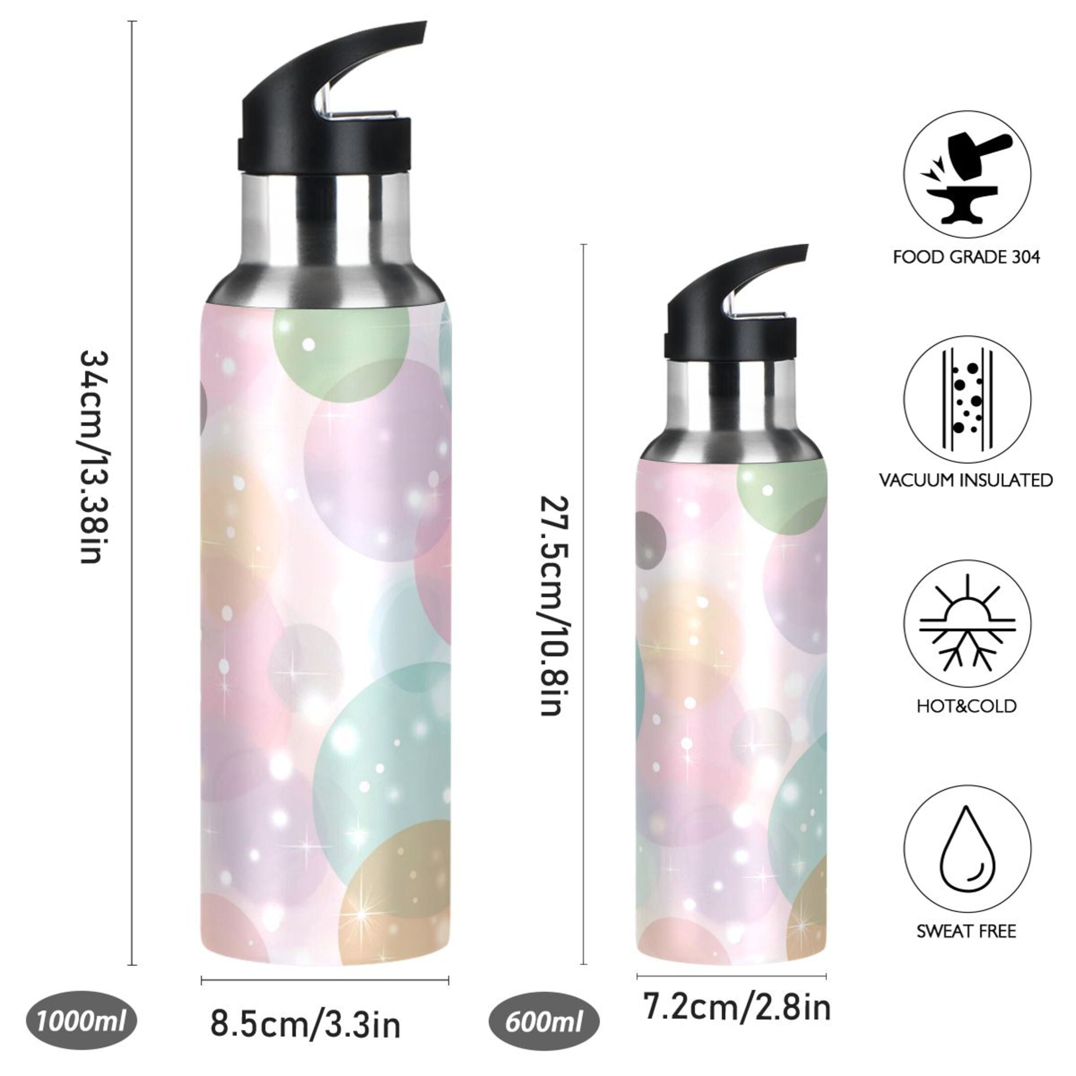 Iauyy Stainless Steel Double-Wall Vacuum Insulated Water Bottle with Straw-600ml&1000ml BPA-Free Leak-Proof for Travel Workouts Outdoor,Stars and Bubbles