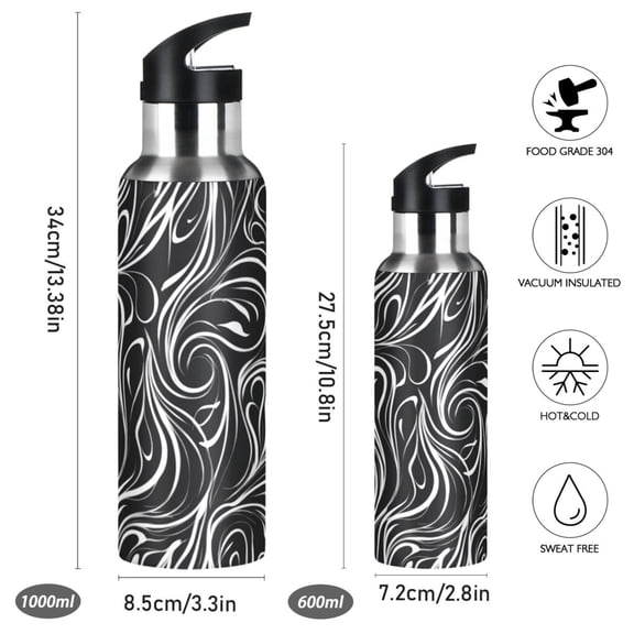 Iauyy Stainless Steel Double-Wall Vacuum Insulated Water Bottle with Straw-600ml&1000ml BPA-Free Leak-Proof for Travel Workouts Outdoor,White Swirling Pattern