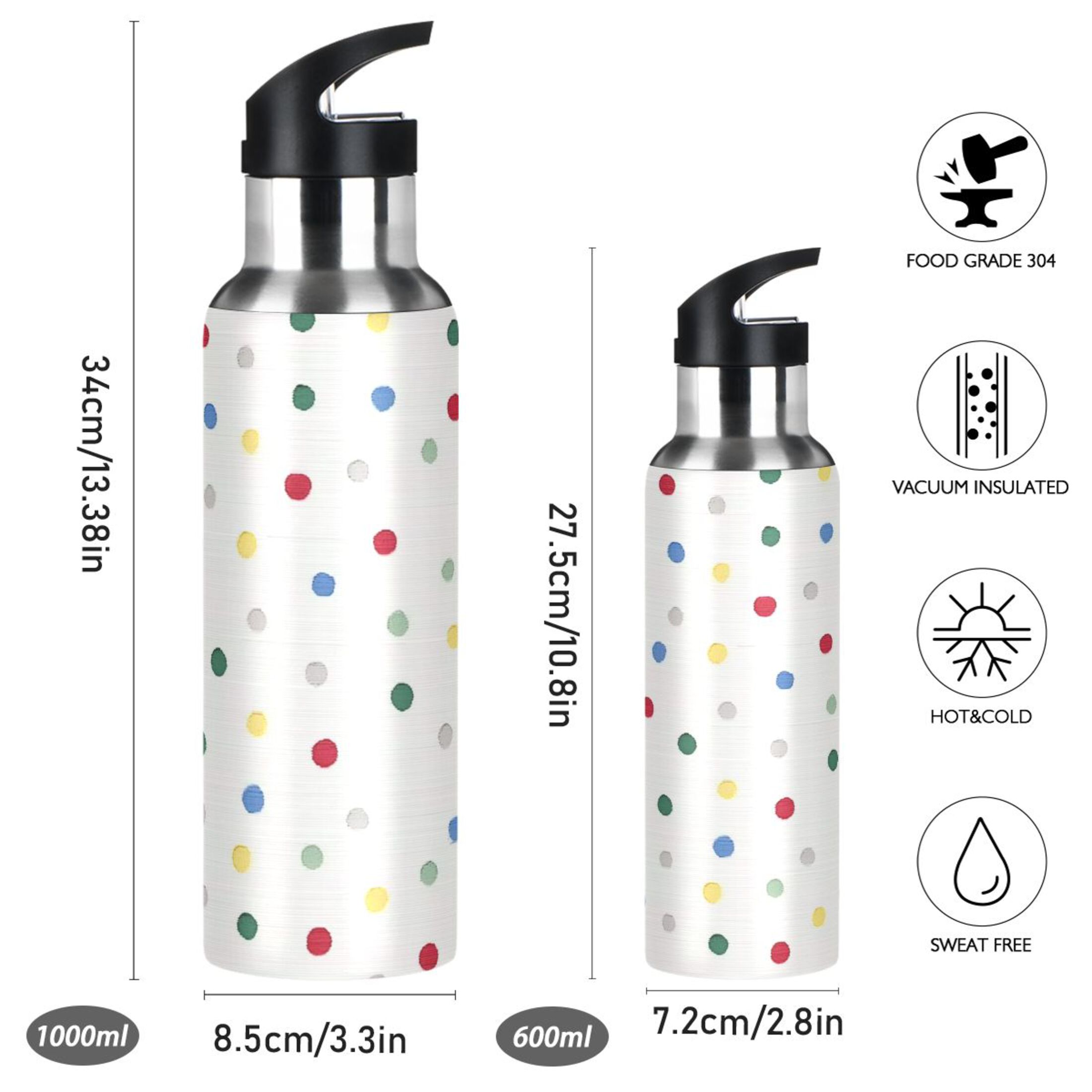Iauyy Stainless Steel Double-Wall Vacuum Insulated Water Bottle with Straw-600ml&1000ml BPA-Free Leak-Proof for Travel Workouts Outdoor,Green Dots