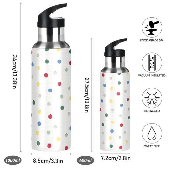 Iauyy Stainless Steel Double-Wall Vacuum Insulated Water Bottle with Straw-600ml&1000ml BPA-Free Leak-Proof for Travel Workouts Outdoor,Green Dots