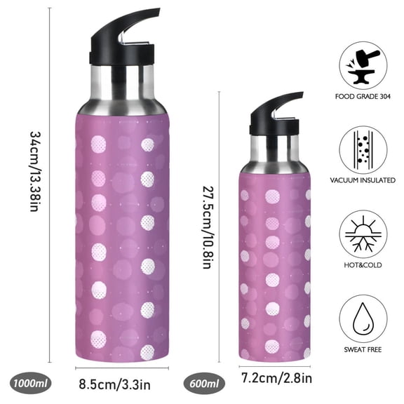Iauyy Stainless Steel Double-Wall Vacuum Insulated Water Bottle with Straw-600ml&1000ml BPA-Free Leak-Proof for Travel Workouts Outdoor,White Dots
