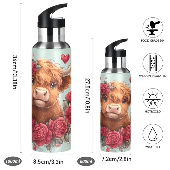 Iauyy Stainless Steel Double-Wall Vacuum Insulated Water Bottle with Straw-600ml&1000ml BPA-Free Leak-Proof for Travel Workouts Outdoor,Young Calf-b